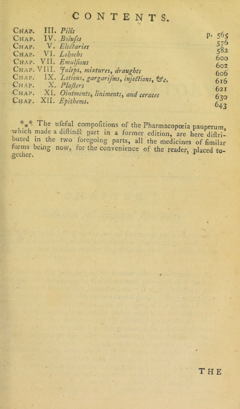 Chap. III. PiUs Chap. IV. Bolufes Chap. V. Eledlaries Chap. VI. Lobocbs Chap. VII. Emuljions Chap. VIil. Juleps, mixtures, draughts Chap. IX. Lotions, gar gar if ms, injeftionSy tfc. Chap. X. Plajlers Chap. XI. Ointment s^ liniments y and cerates Chap. XJI. Epithems. p. 565 576 582 600 602 606 616 621 630 643 *** The ufeful compofitions of the Pharmacopoeia pauperum which made a diftind! part in a former edition, are here diftri- buted in the two foregoing parts, all the medicines of fimilar forms being now, for the convenience of the reader, placed to- ge tiicr 0 the