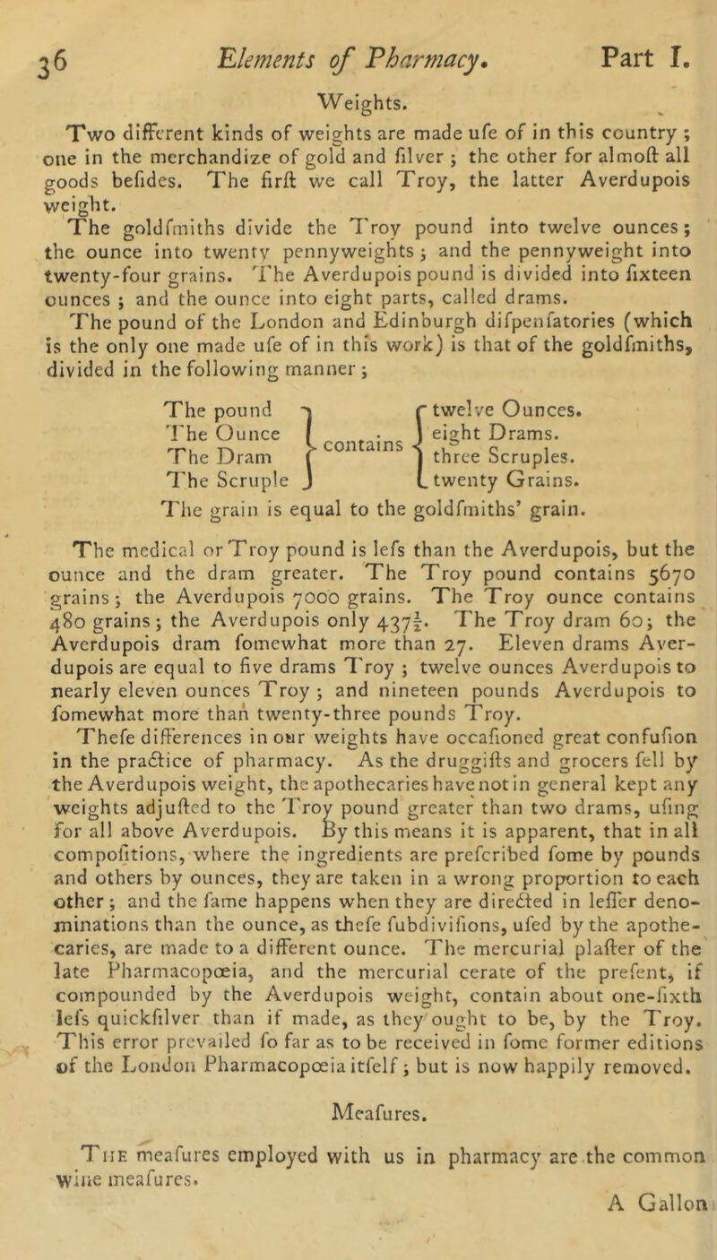 Weights. Two different kinds of weights are made ufe of in this country ; one in the merchandize of gold and filver ; the other for almoft all goods befides. The firft we call Troy, the latter Averdupois weight. The goldfmiths divide the Troy pound into twelve ounces; the ounce into twenty pennyweights ; and the pennyweight into twenty-four grains. The Averdupois pound is divided into fixteen ounces ; and the ounce into eight parts, called drams. The pound of the London and Edinburgh difpenfatories (which is the only one made ufe of in this work) is that of the goldfmiths, divided in the following manner; The pound The Ounce The Dram The Scruple ». contains - f twelve Ounces, eight Drams, three Scruples, twenty Grains. The grain is equal to the goldfmiths’ grain. The medical or Troy pound is lefs than the Averdupois, but the ounce and the dram greater. The Troy pound contains 5670 grains; the Averdupois 7000 grains. The Troy ounce contains 480 grains; the Averdupois only 437E The Troy dram 60; the Averdupois dram fomewhat more than 27. Eleven drams Aver- dupois are equal to five drams Troy ; twelve ounces Averdupois to nearly eleven ounces Troy ; and nineteen pounds Averdupois to fomewhat more than twenty-three pounds Troy. Thefe differences in our weights have occafioned great confufion in the pradfice of pharmacy. As the druggiffs and grocers fell by the Averdupois weight, the apothecaries have not in general kept any weights adjuffed to the Troy pound greater than two drams, ufing for all above Averdupois. By this means it is apparent, that in all competitions, where the ingredients are preferibed fome by pounds and others by ounces, they are taken in a wrong proportion to each other ; and the fame happens when they are directed in lefler deno- minations than the ounce, as thefe fubdivifions, uled by the apothe- caries, are made to a different ounce. The mercurial plafter of the late Pharmacopoeia, and the mercurial cerate of the prefent, if compounded by the Averdupois weight, contain about one-fixth lefs quickfilver than if made, as they ought to be, by the Troy. This error prevailed fo far as to be received in fome former editions of the London Pharmacopoeia itfelf; but is now happily removed. Meafures. The meafures employed with us in pharmacy are the common wine meafures. A Gallon