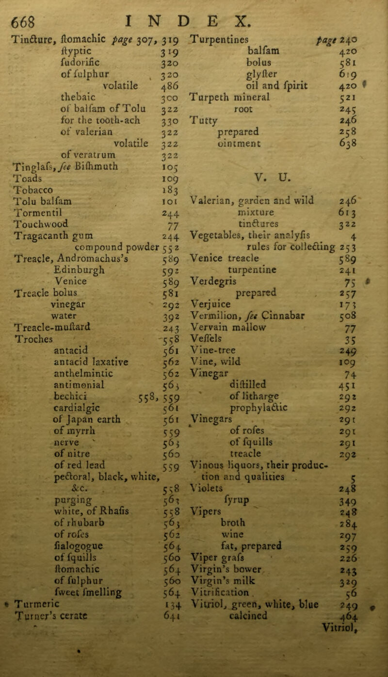 Tintture, ftomachic page 307, 3*9 Turpentines page 240 ftyptic 3 19 baifam 420 fudorific 320 bolus 581 of fulphur 320 glyfter 619 volatile 486 oil and fpirit 420 thebaic 3 CO Turpeth mineral 521 of baifam of Tola 3zz root z45 for the tooth-ach 330 Tutty 246 of valerian 322 prepared 258 volatile 322 ointment 638 of veratrum 322 Tinglafs,^ Bilhmuth 103 Toads 109 V. u. Tobacco >83 Tolu baifam IOI Valerian, garden and wild 246 Tormentil 244 mixture 61 3 Touchwood 77 tinflures 322 Tragacanth gum 244 Vegetables, their analylis 4 compound powder 552 rules for colletting 253 Treacle, Andromachus’s 589 Venice treacle 589 Edinburgh 592 turpentine 241 Venice 589 Verdegris 75 Treacle bolus 581 prepared 257 vinegar 292 Verjuice 173 water 392 Vermilion, fee Cinnabar 508 Treacle-muEard 243 Vervain mallow 77 Troches '558 Vefiels 35 antacid S6t Vine-tree 249 antacid laxative 462 Vine, wild 109 anthelmintic 562 Vinegar 74 antimonial 563 diflilled 451 bechici 558, 559 of litharge 292 cardialgic 561 prophyla&ic 292 of Japan earth 561 Vinegars 291 of myrrh 559 of rofes 291 nerve  56i of fquills 291 of nitre c6 0 treacle 292 of red lead 559 Vinous liquors, their produc- pedlora], black, white, ► tion and qualities 5 &c. 538 Violets 248 purging 5^ fyrup 349 white, of Rhafis 558 Vipers 248 of rhubarb 563 broth 284 of rofes 562 wine 297 fialogogue 564 fit, prepared 259 of fquills 560 Viper grafs 226 ftomachic 564 Virgin’s bower 243 of fulphur 560 Virgin’s milk 329 fweet J'melling 564 Vitrification 56 0 Turmeric 13+ Vitriol, green, white, blue 249 Turner’s cerate 641 calcined 464 Vitriol,