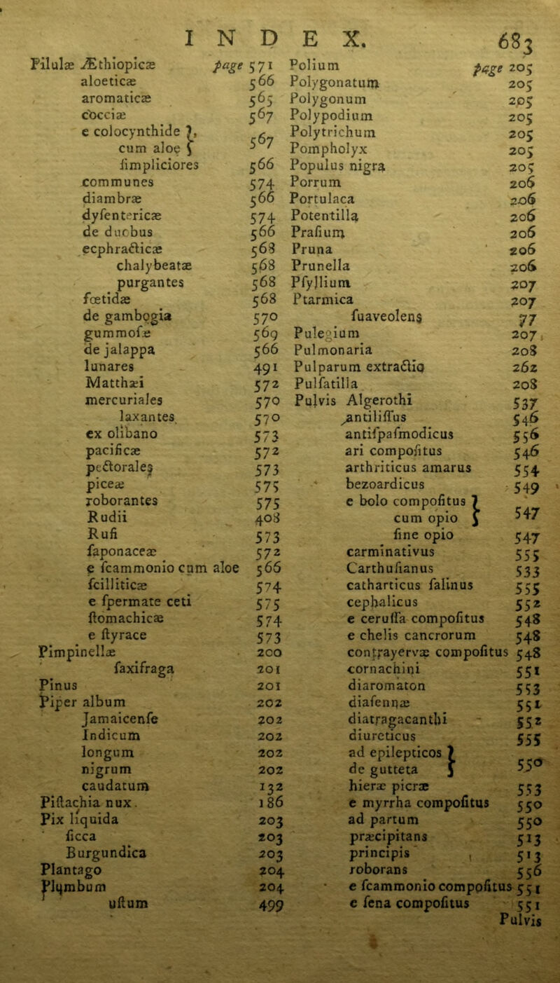 Filulae ^Ethioplcas aloeticx aromatics cbccix e colocynthide 7, cum aloe J limpliciores communes diambrx dyfentericx de durbus ecphra&ics chalybeatx purgantes fcetids de gambogia gummofx de jalappa lunares Matchxi mercuriales page 571 566 sp 567 567 566 574 5 66 574 5 66 568 568 568 568 570 569 566 491 572 570 Folium Polygonatum Polygonum Polypodium Polytrichum Pompholyx Populus nigra Porrum Portulaca Potentilla Prafiurr; Pruna Prunella Pfyllium Ptarmica fuaveolens Pulegium Pulmonaria Pulparum extra£liq Pulfatilla 6S3 lax antes. 570 ^antiliflus ex olibano 573 antifpafmodicus pacificae 57* ari compofitus pcdlorales 573 arthriticus amarus picex 575 bezoardicus xoborantes 575 e bolo compofitus 7 Rudii 408 cum opio J Rufi 573 fine opio faponacex 57 2 C2rminativus e fcammonio cum aloe 566 Carthufianus fcilliticx 574 catharticus falinus e fpermate ceti 575 cephalicus ftomachicx 574 e cerutfa compofitus e ftyrace 573 e chelis cancrorum Fimpinellx 2CO contrayervx compofi faxifraga 201 cornachini Pinus 201 diaromaton Piper album 202 diafennx Jamaicenfe 202 diatragacanthi Indicum 202 diureticus longum 202 ad epilepticos 7 nigrum 202 de gutteta J caudacum I32 hierx picrx Piftachia nux. 186 e myrrha compofitm Pix liquida 203 ad partum ficca 203 prxcipitans Burgundica 203 principis , Plantago 204 roborans Flqmbum 204 e fcammonio compol uftum 499 e fena compofitus page 205 205 205 205 205 205 20? 206 206 206 206 206 206 ZOJ 207 77 207 208 262 20S 537 54<S 556 546 554 549 % 547 547 555 533 555 55* 548 548 us 548 55* 553 55* 55* 555 550 553 55° 55° 5*3 5*3 556 tus 551 „ 5Si Pul vis