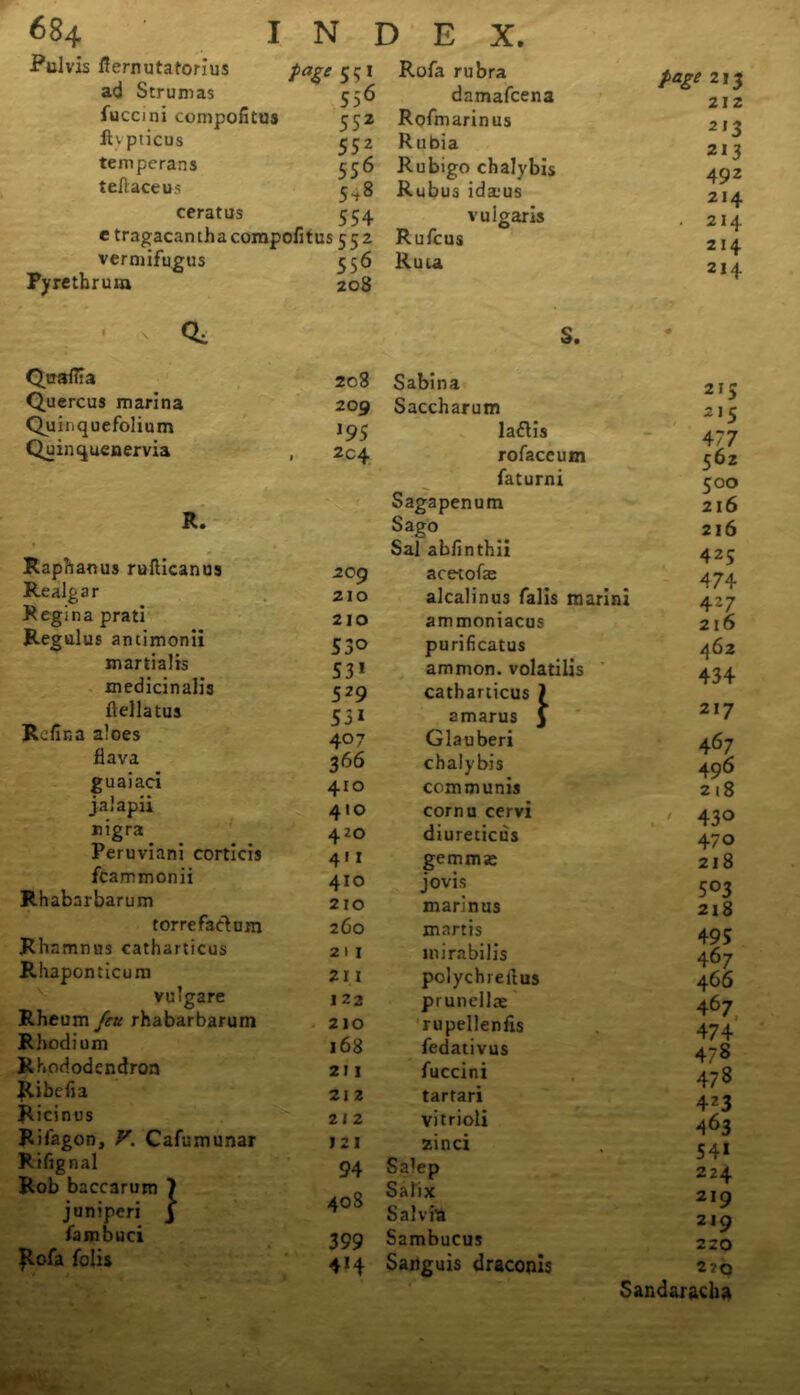 Pulvis fiernutatorius ad Strumas fuccini compofitus piicus tempera ns teftaceus ceratus page 551 552 5Sl 556 548 554 e tragacantha compofitus 552 vermifugus Pyre thrum 556 208 Rofa rubra dnmafeena Rofmarinus R tibia Rubigo chalybis Rubus idaius vulgaris Rufcus Ruta page 213 212 2,3 213 492 214 . 214 214 214 Q, S. Quaflia 208 Quercus marina 209 Quinquefolium *95 Quinquenervia 2C4 R. Raphanus rufticanus 209 Realgar 210 Regina prati 210 Regulus antimonii 53° martialrs 53* medicinalis J J 529 ftellatus 53* Retina aloes 407 flava 366 guaiaci 410 jalapii 410 nigra 420 Peruviani corticis 411 fcammonii 410 Rhabarbarum 210 torrefaolum 260 Rhamnus catharticus 211 Rhaponticum 211 vulgare 122 Rheum feu rhabarbarum 210 Rhodium 168 Rhododendron 211 Ribefia 212 Ricinus 212 Rifagon, V. Cafumunar 121 Riftgnal 94 Rob baccarum 7 juniperi j 40 8 fambuci 399 Jlofa folis 4*4 Sabina 21c Saccharum j 215 477 laflis rofaceum 562 faturni 500 Sagapenum 216 Sago 216 Sat abfinthii 425 acetotie 474 alcalinus falis marini 4=7 ammomacus 216 purificatus 462 ammon. volatilis catharticus 7 434 amarus 3 217 Glauberi 467 chalybis 496 communis 218 cornu cervi ' 430 diureticus 470 gemmae 218 jovis 5°3 marinus 218 martis 495 inirabilis 467 polychretius 466 prunellas 467 rupellentis 474 fedativus 47 8 fuccini 478 tartari 4Z3 vitrioli 463 2inci 54* Sa’ep 224 Salix 219 Salvia 210 Sambucus y 220 Sanguis draconis 2 VQ Sandaracha