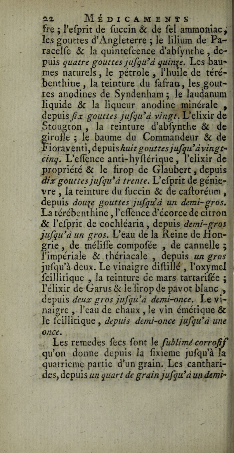 fre ; refprit de fuccin & de fel ammoniac^ les gouttes d’Angleterre ; le lilium de Pa- racelfc & la quintefcence d’abfynthe , de- puis quatre gouttes jufqu*à quinze. Les Lan- mes naturels, le pétrole ^ l’huile de téré- benthine , la teinture du fafran, les gout- tes anodines de Syndenham; le laudanum liquide & la liqueur anodine minérale , depuis Jix gouttes jufqu^à vingt, L’elixir de Stougton , la teinture d’abfynthe & de firofle ; le baume du Commandeur & de lox^vtwxi^àit^yiishuit gouttes jufqu^ àvingt^^ cinq, L’effence anti-hyflérique, l’elixir de propriété & le fîrop de GÎaubert, depuis dix gouttes jufqu^â trente, L’efprit de génie- vre , la teinture du fuccin & de caftoréum , depuis dou\e gouttes jufqiüà un demi-^ros, La térébenthine, l’effence d’écorce de citron & l’efprit de cochléaria, depuis demi-gros jufqu^â un gros. L’eau de la Reine de Hon- grie , de mélilTe compofée y de cannelle ; l’impériale & thériacale , depuis un gros jufqu’à deux. Le vinaigre diftillé , l’oxymel fcillitique ^ la teinture de mars tartarifée ; l’élixir de Garus & le ïirop de pavot blanc , depuis deux gros jufqu^â demi-once. Le vi- naigre y l’eau de chaux , le vin émétique & le fcillitique , depuis demi-once jüfqu*d une once, . Les reraedes fées font le fublimé corrojîf qu’on donne depuis la fixieme jufqu’à la quatrième partie d’un grain. Les canthari- des, depuis un quart de grain jufqu^à un dtmi^