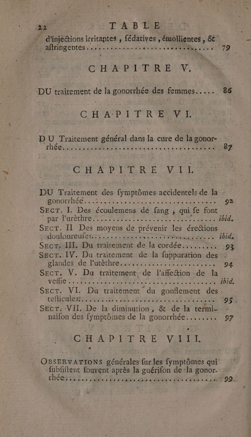 #2 FLOU B Tap ! Pinjedions irritantes , fédatives , émollientes , & _aflringentes... arn Pryey ter. ds. PNR oe 79 ; CHAPITRE VY. DU fieenieat de la gonorrhée des femmes..... 86 CHAP 1 T'R BVT DU Traitement général dans la cure de la gonor- The ha Rein gs eae détoon WG 2. ee) NES 87 CR DEN RE UCI TE DU Traitement des fymptômes accidentels de la - Pencrrice SCOR CLASS DEAN D Poke aaa 92 SECT. I. Des écoulemens dé fang ; qui fe font DR do ED 2 89 dd eg ee Tu a HO EN ibid. Sect. IL Des moyens de prévenir les érections adonlonreutesrsrts eau SE craint MMA ct ibid. Sect. I. Du traitement de la cordée.:....... 93 Secr. IV. Du traitement de la fuppuration des : slandes de Lutéthie nement ir ns oF ak ee eee 94 SECT. V. Du traitement. de Vafe&ion de la . VERIO ee Ei eRe MN Chae TR Pocky hae ged eee tbid, Sect. VI. Du traitement du gonflement des . telticnhe sh dans i. Wet |. Sie ABW CAR SENS 9$. Sect: VII. De Ja BS & de la termi- naifon des fymptômes de la gonorrhée........ 07 CR ee ee E VIEL | OssER APN esiteales fur les fymptômes qui fubfftent fouvent après la guérifon dela gonor. ibe fs rhée,....... do ee ere sseosvarasersdansse Ca 99.