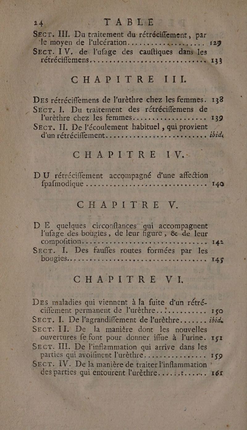 FH hoo TA BRE Secr. III. Du traitement du rétrécifement, par ‘le moyen de lulcération.......... i Oe 29 SECT. IV. de\ l'ufage des cauftiques dans les rétréciiemens. ii nitrate TOUR 135 CHAPITRE IIt ? ee, DEs rétréciffemens de l’urèthre chez les femmes. 138 Sect. I. Du traitement des rétréciflemens de l’uréthre chez les femmes......#14,..,1,,..,439 Sect. II. De l'écoulement habituel , qui provient d'unrétrécfiement esse s cost OR, BURGE ~ CHAPITRE IV.- DU rétréciffement accompagné d’une affection fpafmodique ....... ANRT eo PEUR PE LE Là CE SDS SEM ES BF) IR D E quelques circonftances qui accompagnent Vufage des bougies, de leur figure, & de leur CORD ORICON EE Wn Sess eee Wowk sd ee wine 142 Sect. I. Des fauffes routes formées par les { bougies.. CES re Sheva sive ta) « been eee ee eo ose e eve « « 145$ CV RP ET FOR VE Des maladies qui viennent à la fuite d’un rétré- ciffement permanent de l’uréthre..?.......... 150 Sect. I. De l’agrandiflement de Puréthre....... ibid Sect: II. De Ja manière dont les nouvelles ouvertures fe font pour donner iffue à l'urine. 12 SECT. Il. De l'inflammation qui arrive dans les parties qui avoifinent l’urèthre........... FE À gO Sect. LV. De ja manière de traiter l'inflammation ? des parties qui entourent l’urèthre...1,.1...... 161