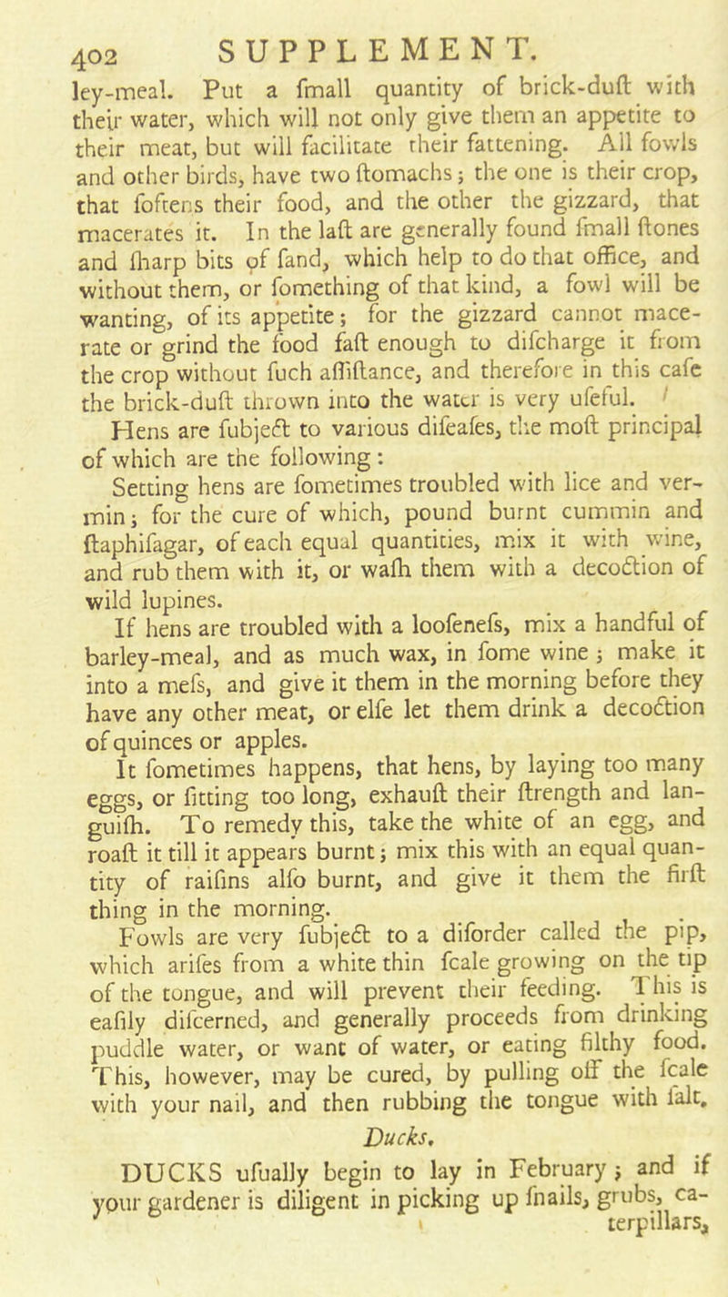 ley-meal. Put a fmall quantity of brick-duft with their water, which will not only give them an appetite to their meat, but will facilitate their fattening. All fowls and other birds, have two ftomachs; the one is their crop, that foftens their food, and the other the gizzard, that macerates it. In the laft are generally found fmall ftones and fliarp bits pf fand, which help to do that office, and without them, or Ibmething of that kind, a fowl will be wanting, of its appetite; for the gizzard cannot mace- rate or grind the food faft enough to difcharge it from the crop without fuch afliflance, and therefoi e in this cafe the brick-duft thrown into the water is very ufeful, ' Hens are fubjeft to various difeafes, tire moft principal of which are the following : Setting hens are fometimes troubled with lice and ver- min j for the cure of which, pound burnt cummin and ftaphifagar, of each equal quantities, mix it with wine, and rub them with it, or wafh them with a decodtion of wild lupines. If hens are troubled with a loofenefs, mix a handful of barley-meal, and as much wax, in fome wine j make it into a mefs, and give it them in the morning before they have any other meat, or elfe let them drink a decodion of quinces or apples. It fometimes happens, that hens, by laying too many eggs, or fitting too long, exhauft their ftrength and lan- guifh. To remedy this, take the white of an egg, and roaft it till it appears burnt j mix this with an equal quan- tity of raifms alfo burnt, and give it them the firft thing in the morning. Fowls are very fubied to a diforder called the pip, which arifes from a white thin fcale growing on the tip of the tongue, and will prevent their feeding. 1 his is eafily difcerned, and generally proceeds from drinking puddle water, or want of water, or eating filthy food. This, however, may be cured, by pulling off the fcale with your nail, and then rubbing the tongue with fait. Ducks, DUCKS ufually begin to lay in February j and if your gardener is diligent in picking up fnails, grubs, ca- terpillars.