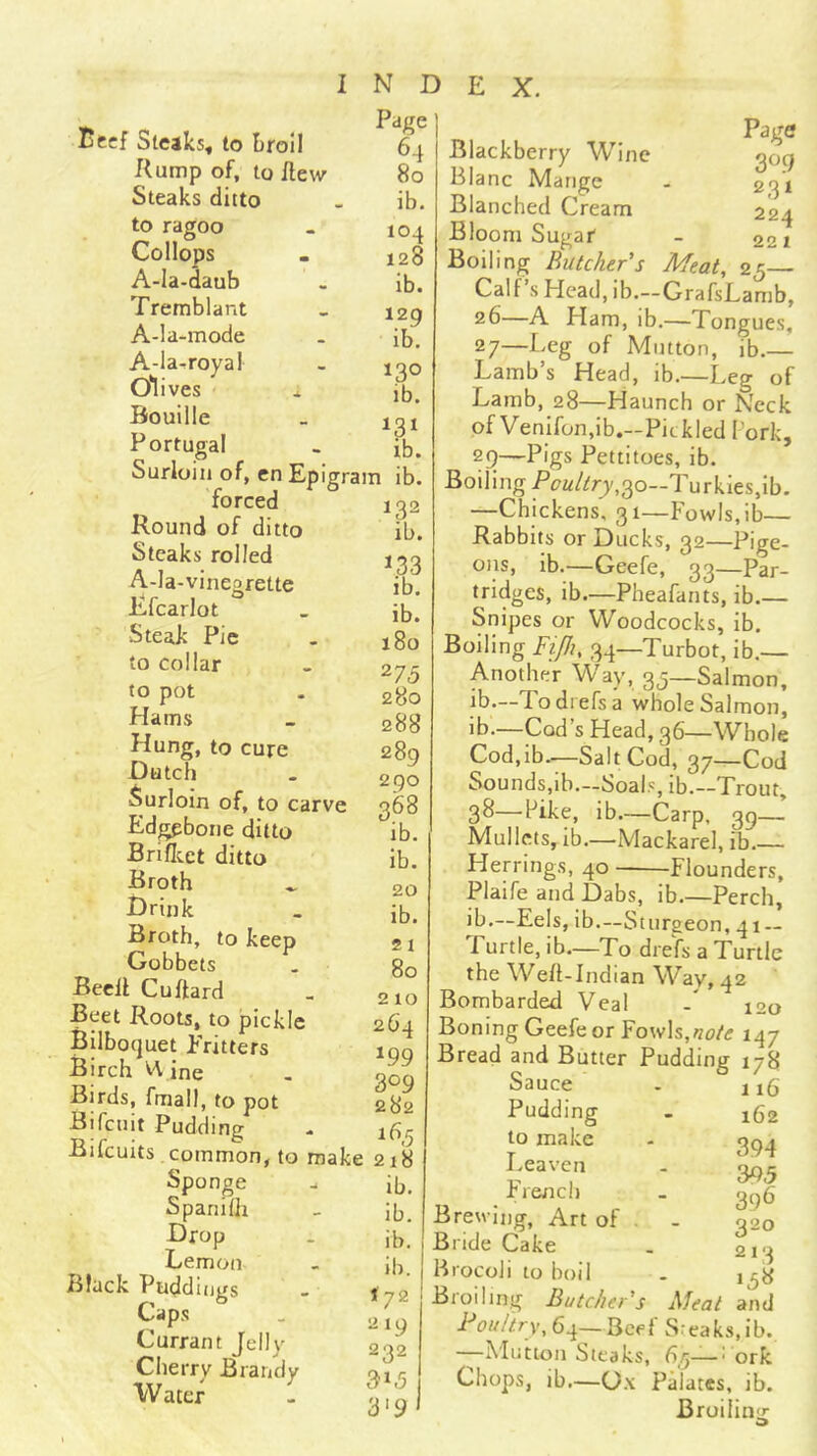 Pdge Btci Steaks, to broil 64 Rump of, to ilew 80 Steaks ditto - ib. to ragoo - 104 Collops - 128 A-la-daub - ib. Tremblant _ i2g A-la-mode . ib, A-la-royal - olives .. ib^ Bouille _ 101 Portugal - ib. Surloiii of, en Epigram ib. forced i02 Round of ditto ib. Steaks rolled i00 A-la-vinegrette ib. lifcarlot _ ib. Steak Pic . 180 to collar - 275 to pot . 280 Hams _ 288 Hung, to cure 289 Dutch . 290 Surloin of, to carve 368 Edgpboiie ditto ib. Briflcet ditto ib. Broth ^ 20 Drink . ib. Broth, to keep 21 Gobbets . 80 Becll Cuftard - 210 Beet Roots, to pickle 264 Bilboquet Eritters iqq Birch VAine . gog Birds, fmall, to pot 282 Bifcuit Pudding - ib^ Bifcuits common, to make 218 Sponge - ib, Spanilh - ib. Drop . ib.‘ Lemon - ib. Black Puddings - fyz Caps . ^ Currant Jelly 232 Cherrv Brandy q,ir. Water - Page Blackberry Wine 309 Blanc Mange - 231 Blanched Cream 224 Bloom Sugar - 221 Boiling Butcher's Meat, 25— Calf s Plead, ib.—GrafsLamb, 26— A Ham, ib.—Tongues, 27— Leg of Mutton, ib.— Lamb’s Head, ib.—Leg of Lamb, 28—Haunch or Neck of Venifon,ib.—Pickled Pork, 29—Pigs Pettitoes, ib. Boiling 30—Turkies.ib. —Chickens, 31—Fowls, ib— Rabbits or Ducks, 32—Pige- ons, ib.—Geefe, 33—Par- tridges, ib.—Pheafants, ib.— Snipes or Woodcocks, ib. Boiling FiPi, 34—Turbot, ib.— Another Way, 33—Salmon, ib.—Todrefsa whole Salmon, ib.—Cod’s Head, 36—Whole Cod.ib.—Salt Cod, 37—Cod Sounds,ib.—Soals, ib.—Trout, 38—Pike, ib.—Carp, 39— Mullets, —Mackarel, ib Herrings, 40 Flounders, Plaife and Dabs, ib.—Perch, ib.—Eels, ib.—Sturgeon, 41 — Turtle, ib—To drefs a Turtle the Weft-Indian Way, 42 Bombarded Veal -* 120 Boning Geefe or Fowls,147 Bread and Butter Pudding 178 Sauce . 116 Pudding - 162 to make - 3^.^ Leaven - 31,3 rre/ic!) - g^^g Brewing, Art of . - 020 Bride Cake . 213 Hrocoli to boil . Broiling Butcher's Meat and 64—Beef Steaks, ib. Mutton Steaks, 6.5—• ork Chops, ib.—0.\ Palates, ib. Broilinir 9