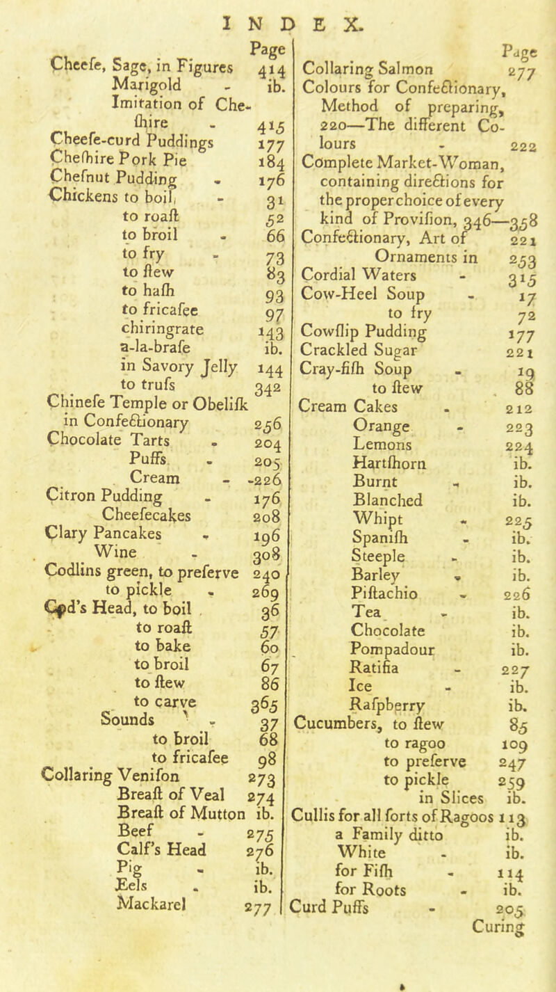 Page Chcefe, Sage, in Figures 414 Marigold - ib. Imitation of Che- Ihire . 41^ Cheefe-curd Puddings 177 Chefhire Pork Pie 184 Chefnut Pudding - 176 Chickens to boili - 31 to roall ^2 to broil - 66 to fry . 73 to new 83 to hafh p3 to fricafee 97 chi r ingrate 143 a-la-brafe ib. in Savory Jelly 144 to trufs 342 Chinefe Temple or Obelifk in Confeflionary 256 Chocolate Tarts . 204 Puffs . 205 Cream - -226 Citron Pudding . 176 Cheefecakes 208 Clary Pancakes - 196 Wine . 308 Codlins green, to preferve 240 to pickle , 269 C^d’s Head, to boil 36 to roaft 57. to bake 60 to broil 67 to ftew 86 to carve 365 Sounds ' - 37 to broil 68 to fricafee 98 Collaring Venifon 273 Breall of Veal 274 Breaft of Mutton ib. Beef - 275 Calf’s Head 276 Pig - lb. Eels . ib. Mackarel 277 Collaring Salmon Page 277 Colours for Confeflionary, Method of preparing, 220—The different Co- lours - 222 Complete Market-Woman, containing direflions for the proper choice of every kind of Provifion, 346—3^8 Confectionary, Art of 221 Ornaments in 233 Cordial Waters - 31^ Cow-Heel Soup - 17 to fry 72 Cowflip Pudding 177 Crackled Sugar 221 Cray-fifh Soup . 19 to ftew . 88 Cream Cakes . 212 Orange - 223 Lemons 224 Hartfhorn ib. Burnt ib. Blanched ib. Whipt - 225 Spanifh - ib. Steeple - ib. Barley « ib. Piftachio - 226 Tea - ib. Chocolate ib. Pompadour ib. Ratifia - 227 Ice - ib. Rafpbprry ib. Cucumbers, to ftew 85 to ragoo 109 to preferve 247 to pickle 259 In Slices ib. Cullis for all forts of Ragoos 113 a Family ditto ib. White - ib. for Fifh - 114 for Roots - ib. Curd Puffs - 205 Curing