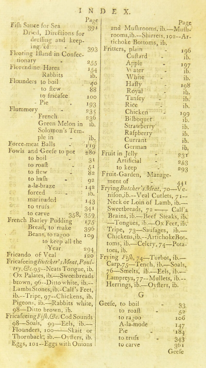 ^93 235 I N Fifli Sauce for Sea gpj D rvtd, Direflions for clrclfiiig and keep- ing of - OgO Floating llland in Confec- tionary . 255 Florendine Hares Rabbits ib. Flounders fo boil 40 • to flew gg to fricafee 100 - Pie Flummery French 226 Green Melon in ib. Solomon’s Tem- ple in - _ ib. Force-meat Balls - 1*19 Fowls and Geefe to pot 280 to boil - 21 to roafl: _ to flew . g2 to liafh . , g2 a-la-braze - 1^2 . forced - ib. marinaded i^2 ■ to trui's ■ 241 V 3-58. 359 French Barley Pudding 175 Bread, to make 396 • Beans, to ragoo log to keep all the ‘Year 294 Fricando of Veal 120 Tx\cz{ttix)^Rutck(r'’sMeat,Poul- 95—Neats Tongue, ib. Ox Palates, ib.—Sweetbreads brown, 96—Ditto white, ib.— LambsStones,ib.-Calf’s Feet, ib.—Tripe, 97—Chickens, ib. Pigeons, ib.—Rabbits white, 98—Ditto brown, ib. FricareeingTtyZ!,(Gs?c. Cod Sounds 98—Soals, 99—Eels, ib.— Flounders, 100 Skait or Thornbaclc; ib.—0^-^^ers, ib. Eggs, 101—Eggs with Onions D E X. Page and Muflirooms, ib.—Miilh- rooms,ib.—Shirrcis, iq2—Ar- tichoke Bottoms, ib, Fritters, plain - ig6 Cuflard - ib. Apple - 197 a ter - ib. White - ib. Hafly - J9g Royal , . ib. Tanfey . ib. Rice _ ib. Chicken ■ ■ - 199 Bilboquef ib. Strawberr}'^' ib. Rafpberry ib. Currant ib. German ib, Fruit in Jelly - 231 Artificial - 2^3 to keep . 293 Fruit-Garden, Manage- ment of - 4^1 YTyrngButchersMeat, 70—Ve- nifon,ib.—Veal Cutlets, 71 — Neck or Loin of Lamb, ib.— Sweetbreads, 72 Calf’s Brains, ib.—Beef Steaks, ib. —Tongues, ib.—Ox Feet, ib.- Tripe, 73—Saufages, ib.— Chickensjib.—ArtichokeBot- toms, ib,—Celery, 74—Pota- toes, ib. Frying Fiji, 7^—Turbot, ib.— ^^*‘P‘75—Tench, ib.—Soals, 76—Smelts, ib.—Eels, ib.— Lampreys, 77—Mullets, ib.-- Hernngs, ib.—Oyfters, ib. Geefe, to boil to roaft to ragoo A-la-mode Pie to trufs to carve 33 52 106 M7 '184 343 361 Geefe