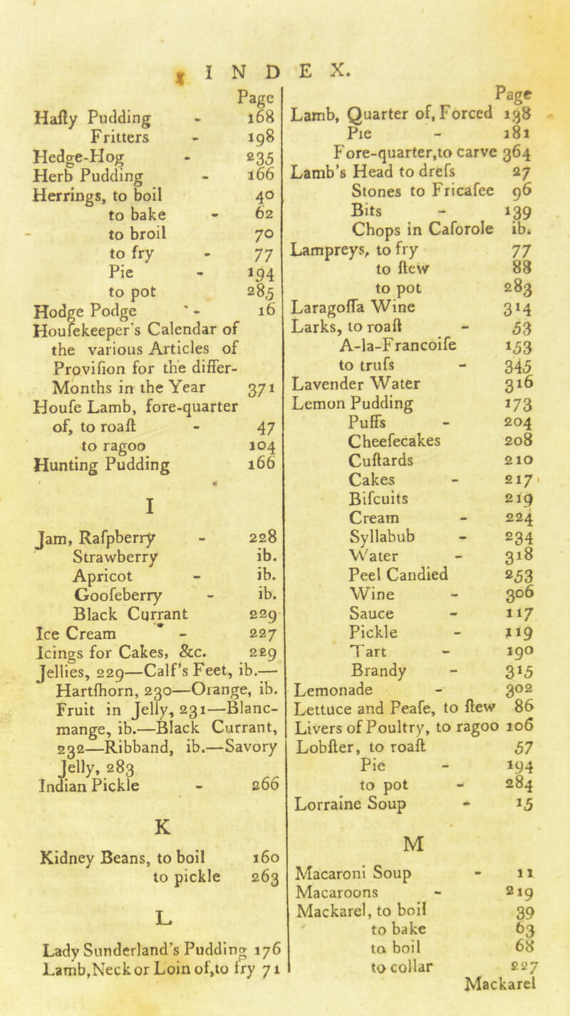 Page Hafty Pudding - l68 Fritters - 198 Hedge-Hog • 235 Herb Pudding - i66 Herrings, to boil 40 to bake - 62 to broil 70 to fry - 77 Pie - 194 to pot 285 Hodge Podge ’ - 16 Houfekeeper’s Calendar of the various Articles of Provifion for the differ- Months in the Year 371 Houfe Lamb, fore-quarter of, to roaft - 47 to ragoo 104 Hunting Pudding 166 I Jam, Rafpberry - 228 Strawberry ib. Apricot - ib. Goofeberry - ib. Black Currant 229 Ice Cream * - 227 Icings for Cakes, &c. 229 Jellies, 229—Calf’s Feet, ib.— Hartlhorn, 230—Orange, ib. Fruit in Jelly, 231—Blanc- mange, ib.—Black Currant, 232—Ribband, ib.—Savory Jelly, 283 Indian Pickle - 260 K Kidney Beans, to boil 160 to pickle 263 L Lady Sunderland’s Pudding 176 LaTnb,Neckor Loinof,to fry 71 Page Lamb, Quarter of, Forced 138 Pie 181 F ore-quarter,to carve 364 Lamb’s Head to drefs 27 Stones to Fricafee 96 Bits »39 Chops in Caforole ibi Lampreys, to fry 77 to ftew 88 to pot 283 Laragoffa Wine 3M Larks, to roaft 53 A-la-Francoife 153 to trufs 345 Lavender Water 316 Lemon Pudding 173 Puffs 204 Cheefecakes 208 Cuftards 210 Cakes 2171 Bifeuits 219 Cream 224 Syllabub Water 234 318 Peel Candied 253 Wine 306 Sauce 117 Pickle T art 390 Brandy 315 Lemonade 302 Lettuce and Peafe, to ftew 86 Livers of Poultry, to ragoo 106 Lobfter, to roaft 57 Pie 194 to pot 284 Lorraine Soup 15 M Macaroni Soup 1X Macaroons 2 ig Mackarel, to boll 39 to bake 63 to boil 68 to collar £27 Mackarel