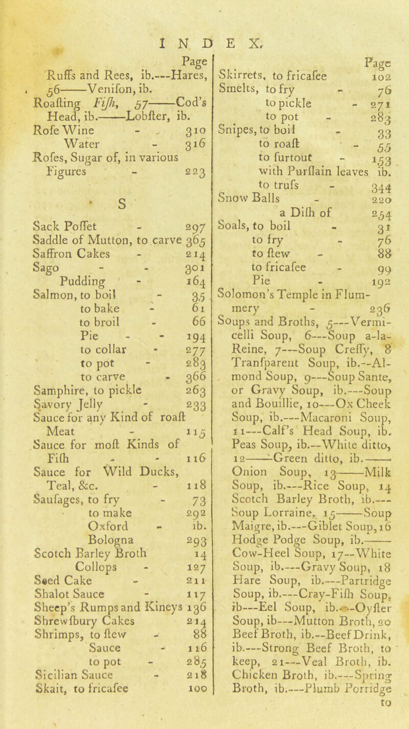 Pie - - 194 to collar - 277 to pot - 283 to carve - 366 Samphire, to pickle 263 S.avory Jelly ' 233 Sauce for any Kind of roaft Meat - 115 Sauce for mofl; Kinds of FHh ^ - 116 Sauce for Wild Ducks, Teal, &c. - 118 Saufages, to fry - 73 to make 292 Oxford - lb. Bologna 293 Scotch Barley Broth 14 Collops - 127 Seed Cake - 211 Shalot Sauce - 117 Sheep’s Rumps and KIneys 136 Shrew (bury Cakes 214 Shrimps, to ftew - 88 Sauce - 116 to pot - 285 Sicilian Sauce - 218 Skait, to fricafee 100 Page Page 'RulFs and Rees, Ib.— Hares, Skirrets, to fricafee 102 ^6 Venifon , ib. Smelts, to fry 76 Roafting FiJIi, 37 -Cod’s to pickle - 271 Head, ib.——Loblter, ib. to pot 283 Rofe Wine - 310 Snipes, to boil 33 Water - 316 to roaft 55 Rofes, Sugar of, in various to furtout Figures 223 with Pttrflain leaves ib. to trufs 344 • Q Snow Balls 220 0 a Dilh of 234 Sack Poffet - 297 Soals, to boil 3* Saddle of Mutton, to carve 365 to fry 76 Saffron Cakes - 214 to flew 88 Sago - 301 to fricafee 99 Pudding - 164 Pie 192 Salmon, to boil - 3.5 Solomon’s Temple in FI um- to bake - 61 inery 236 to broil - 66 Soups and Broths, 5— Vermi- Reine, 7—Soup CrelTy, 8 Tranfpareut Soup, ib.—Al- mond Soup, 9—Soup Sante, or Gravy Soup, ib.—Soup and Bouillie, 10—Ox Cheek Soup, ib.—Macaroni Soup, 11—Call’s Head Soup, ib. Peas Soup, ib.—White ditto, 12 ^Green ditto, ib Onion Soup, 13 Milk Soup, Ib—Rice Soup, 14 Scotch Barley Broth, ib.— Soup Lorraine, 15 Soup Maigre, ib.—Giblet Soup, 16 Hodge Podge Soup, ib. Cow-Heel Soup, 17—W^hite Soup, ib Gravy Soup, i8 Hare Soup, ib.—Partridge Soup, ib Cray-Fifli Soup, ib—Eel Soup, ib.«.-Oyfter Soup, ib—Mutton Broth, ao Beef Broth, ib.—Beef Drink, ib.—Strong Beef Broth, to keep, 21—Veal Broth, ib. Chicken Broth, ib.—Spring Broth, ib.—Plumb Porridge to