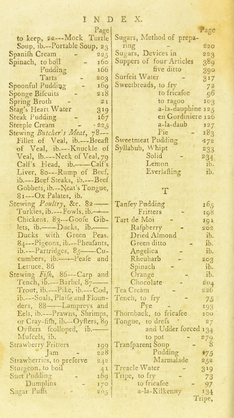Page to keep, 2«—Mock Turtle Soup, ib.—Portable Soup, 23 Spanilh Cream - 225 Spinach, to boil - 160 166 203 169 218 Pudding Tarts 21 319 167 • 22 Spoonful Pudding Sponge Bifeuits Spring Broth Stag’s Heart Water Steak Pudding Steeple Cream - • Stewing Butchers Meat^ 78— Billet of Veal, ib.—Breaft of Veal, ib.—Knuckle of Veal, ib.—-Neck of Veal, 79 Calf’s Plead, ib. Calf’s Liver, 80—Rump of Beef, ib.—Beefsteaks, ib.—Beef Gobbets, ib.—Neat’s Tongue, 81—Ox Palates, ib. Stewing Poultry^ &c. 82 Turkies, ib.—Fowls, ib.—^— Chickens, 83—Goofe Gib- lets, ib.- Ducks, ib. Ducks with Green Peas. 84—Pigeons, ib.—Pheafants, ib.—Partridges, 85 Cu- cumbers, ib. Peafe and Lettuce, 86 Stewing Fijhf 86—Carp and Tench, ib.—Barbel, 87 Trout, ib.—Pike, ib.—Cod, ib.—Seals, Plaife and Floun- ders, 88 Lampreys and Eels, ib.—Prawns, Shrimps, or Cray-hfh, ib.—Oyfters, 89 Oyfters fcolloped, ib. Mufcels, ib. Strawberry Fritters ^99 Jam 228 Strawberries, to preferve 242 Sturgeon, to boil 41 Suet Pudding 169 Dumplins 170 .Sugar Puffs , - 203 E X. .» Sugars, Method of prepa rage i- ring _ 220 Sugars, Devices in 223 Suppers of four Articles 389 five ditto 390 Surfeit Water 317 Sweetbreads, to fry 72 to fricafee 96 to ragoo 103 a-la-dauphine 125 en Gordiniere 126 a-ia-daub 127 Pie 183 Sweetmeat Pudding •172 Syllabub, Whipt 233 Solid 234, Lemon lb. Everlafting ib. T Tanfey Pudding Fritters 198 Tart de Moi 191 Rafpberry 262 Dried Almond ib. Green ditto ib. Angelica ib. Rheubarb 203 Spinach ib. Orange ib. Chocolate £04 Tea Cream 226 Tench, to fry 75 193 , Thornback, to fricafee 100 Tongue, to drefs ' 27 79 8 and Udder forced 134 to pot Tranfparent Soup Pudding iVlarmalade Treacle Water Tripe, to fry to fricafee a-Ia-Kilkcnny »75 252 319 73 - 97 134 1 ripe.