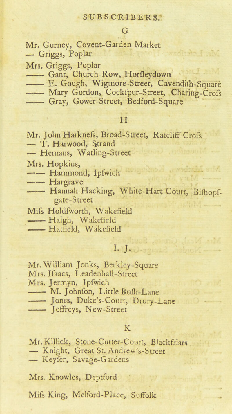 • SUBSCRIBERS/' G Mr. Gurney, Covent-Garden Market — Griggs, Poplar Mrs. Griggs, Poplar Gant, Church-Row, Horfleydown ‘ E. Gough, Wigmore-Street, Cavendifli-Squarc Mary Gordon, Cockfpur-Street, Charing-Crofs Gray, Gower-Street, Bedford-Square Mr. John Harknefs, Broad-Street, RatclifF-Crpfs — T. Harwood, Strand — Hemans, Watling-Street Mrs. Hopkins, Hammond, Ipfwich ■ ‘ —— Hargrave Hannah Hacking, White-Hart Court, Bifliopf- gate-Street Mifs Holdfworth, Wakefield Haigh, Wakefield Hatfield, Wakefield I. J. ’ Mr. William Jonks, Berkley-Square Mrs. Ilaacs, Leadenhall-Streec Mrs. Jermyn, Ipfwich M. Johnfon, Little Bufh-Lane Jones, Duke’s-Court, Drury-Lane Jeffreys, New-Street K Mr. Killick, Stone-Cutter-Court, Blackfriars — Knight, Great St. Andrew’s-Street — Keyfer, Savage-Gardens Mrs. Knowles, Deptford Mifs King, Melford-Place, Suffolk