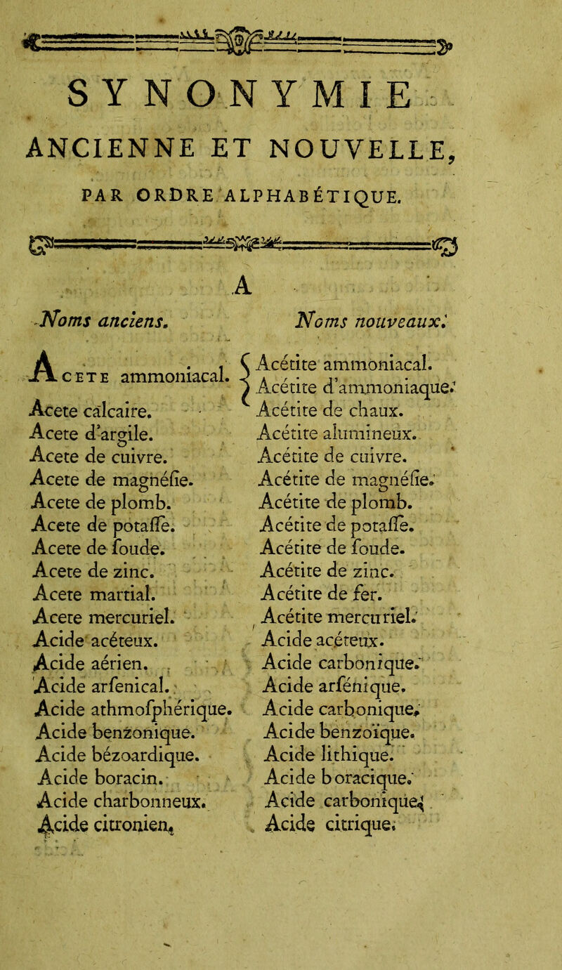 JLLU, S> SYNONYMIE ANCIENNE ET NOUVELLE, PAR ORDRE ALPHABÉTIQUE. A Noms anciens. Noms nouveaux. -A. cete ammoniacal. Acete calcaire. Acete d’argile. Acete de cuivre. Acete de magnéfie. Acete de plomb. Acete de potafle. Acete de ibude. Acete de zinc. Acete martial. Acete mercuriel. Acide acéteux. Acide aérien. Acide arfenicaî. Acide athmofphérique. Acide benzonique. Acide bézoardique. Acide boracin. Acide charbonneux. Acide citronien* ^ Acétite ammoniacal. ^ Acétite d’ammoniaque.1 1 Acétite de chaux. Acétite alumineux. Acétite de cuivre. Acétite de magné fie. Acétite de plomb. Acétite de potalîè. Acétite de foude. Acétite de zinc. Acétite de fer. t Acétite mercuriel. Acide acéteux. Acide carbon ique.~ Acide arfénique. Acide carbonique* Acide benzoïque. Acide lithique. Acide boracique; Acide carbonique^ Acide citrique.