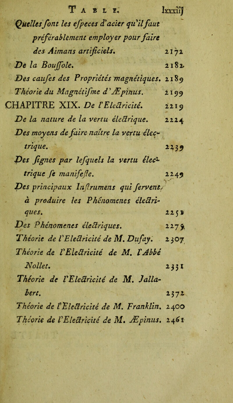 Table. IxxxîiJ Quellesfont les efpeces d'acier qu'ilfaut préférablement employer pour faire des Àimans artificiels. 2172 De la Boujfole. 2181. Des caufes des Propriétés magnétiques. 2185? Théorie du Magnétifme d'Æpînus. 2199 CHAPITRE XIX. De VElectricité. 2219 De la nature de la vertu électrique. 2224 Des moyens de faire naître la vertu élec- trique, 2^59 Des Jtgnes par lefquels la vertu élec- trique fe manifefie. 2249 Des principaux Injlrumens qui fervent f à produire les Phénomènes électri- ques . 22 5 B Des Phénomènes électriques. 227$ Théorie de VElectricité de M. Dufay . 13 07 Théorie de VElectricité de M, VAbbé Nollet. 2331 Théorie de VElectricité de M. J alla- lert, 2372 Théorie de î Eledricité de M. Franklin. 2400 Théorie de VEleclricité de M. Æpinus. 2461