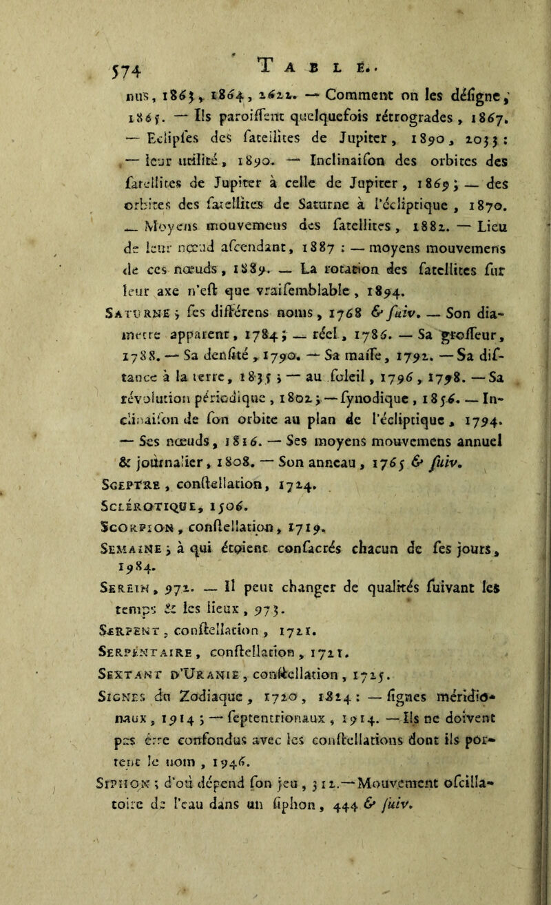nus, 1863, 1804, lâi*. — Comment on les délîgne,’ i8éf. — Ils paroiffent quelquefois rétrogrades , 1867, — Eeiipl'es des faceiiites de Jupiter, 1890, 1033; — leur utilité, 1890. — Inclinaifon des orbites des farci lires de Jupiter à celle de Jupiter, 18 6$;~~ des orbites des faietikes de Saturne à l’écliptique , 1870. —'Moyens mouvemens des fatcllites , 1881.—Lieu de leur noeud attendant, 1887 ; — moyens mouvemens de ces nœuds , 1889. — La rotation des fatcllites fur leur axe n’eft que vraifemblable , 1894. Saturne 3 fes différens noms, 1768 & fuiv, — Son dia- mètre apparent, 1784; — réel, 1786. — Sa ^ro/Teur, 1788. — Sa dcûlké , 1790. — Sa maiTe, 1791. —Sa dif- tance à la terre, i8jf 3 — au foleil, 1796, 1798. — Sa révolution périodique , 1802.;. — fynodique , 185*. — In- clinaifon de fon orbite au plan de l’écliptique, 1794. — Ses nœuds, 1816. — Ses moyens mouvemens annuel & journalier, 1808. — Son anneau , 176$ & fuiv. Sceptre , confteilation, 1714» Sclérotique, 1506. Scorpion , confteilation, 1719. Semaine 3 à qui étçwenc confacrés chacun de fes jours, 1984. Serein, 971. — Il peut changer de qualités fuivant les temps & les lieux, 973. SæR?ent , confteilation , 172.1. Ser.péntaire , confteilation , 171Ï. Sextant d’Uranie, confteilation, 1715. Signes du Zodiaque, 1710, 1814: —lignes méridid* naux , 1914 3 — feptentrionaux , 1914. — Ils ne doivent pas êrre confondus avec les conftellations dont ils por- terie le nom , 1946. Siphon ; d’où dépend fon jeu , 3 12..—*Mouvement ofcilîa- toire de l’eau dans un fiphon, 444 & fuiv.