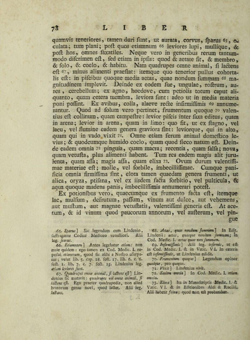 quamvis teneriores, tamen duri funt, ut aurata, corvus, fparus $5, o« culata; tum plani; poft quos etiamnum 66 leviores lupi, mullique, & poft hos, omnes faxatiles. Neque vero in generibus rerum tantum- modo difcrimen eft, fed etiam in ipfis: quod & aetate fit, & membro, & folo, & coelo, & habitu. Nam quadrupes omne animal, fi laciens eft 67 minus alimenti praeftat: itemque quo tenerior pullus cohorta- lis eft: in pifcibus quoque media aetas, quae nondum flimmam 68 ma- gnitudinem implevit. Deinde ex eodem fue, lingulae, roftrum, au- res , cerebellum; ex agno, hoedove, cum petiolis totum caput ali- quanto, quam cetera membra, leviora funt: adeo ut in media materia poni poffint. Ex avibus, colla, alaeve redte infirmiflimis 69 annume- rantur. Quod ad folum vero pertinet, frumentum quoque 70 valen- tius eft collinum, quam campeftre: levior pifcis inter fixa editus, quam in arena; levior in arena, quam in limo: quo fit, ut ex flagno, vel lacu, vel flumine eadem genera graviora fint: leviorque, qui in alto, quam qui in vado vixit 71. Omne etiam ferum animal domeftico le- vius ; & quodcumque humido coelo, quam quod ficco natum eft. Dein- de eadem omnia 72 pinguia, quam macra; recentia, quam falfa; nova> quam vetufta, plus alimenti habent Tum res eadem magis alit juru- lenta, quam affa; magis affa, quam elixa 73. Ovum durum valentifli- mae materiae eft; molle, vel forbile, imbecilliffimae. Cumque pani- ficia omnia firmiffima fint, elota tamen quaedam genera frumenti, ut alica, oryza, ptifana, vel ex iisdem fa<5ta forbitio, vel pulticula, & aqua quoque madens panis, imbecilliflimis annumerari potefl. Ex potionibus vero, quaecumque ex frumento facta eft, itemque lac, mulfum , defrutum, pafliim, vinum aut dulce, aut vehemens, aut multum, aut magnae vetuftatis, valentiffimi generis eft. At ace- tum, & id vinum quod paucorum annorum, vel aufterum, vel pin- gue <55. %rw] Sic legendum cum Lindenio, fuffragante Codice Mediceo vetuftiori. Alii leg. fcams. 66. Etiamnum] Antea legebatur etiam: non male quidem: ego tamen ex Cod. Medie. I. re* pofui etiamnum, quod iic alihi a Noftro ufurpa- tur ; velut lib. 5. cap. 28. fett. 17.. lib. 6. c. '6. fett. 1. lib. 7. c. 7. fe£t. 15. Lindenius leg. otium leviores funt. 67. Oiiadrupes omne animal, fi lati ens eft] Lin- denius fic mutavit: quadrupes vel omne animal, fi laQens eji. Ego praeter quadrupedia, non aliud brutorum genus novi, quod la&et. Alii leg. hSans* 68. Aetas, quae nondum fummam] In Edit. Lindenii: aetas, quaeque nondum fummarn; In Cod. Medie. I. aetas quae non fummam. 69. Infirmijfmis] Alii leg. infirmis, ut eft in Cod. Medie. I. & in Vatie. V L In ceteris eft infirmijfmis, ut Lindenius edidit. 70. Frumentum quoque] Legendum opinor quodque, pro quoque. 71. Vixit] Lindenius vivit. 72. Eadem omnia] In Cod. Medie. I. ;etiam omnia. 73. Elixa] Ita in Manufcriptis Medie. I. & Vatie. VI. & in Editionibus Aldi & Ruellii. Alii habent frixa; qviod non eft probandum.