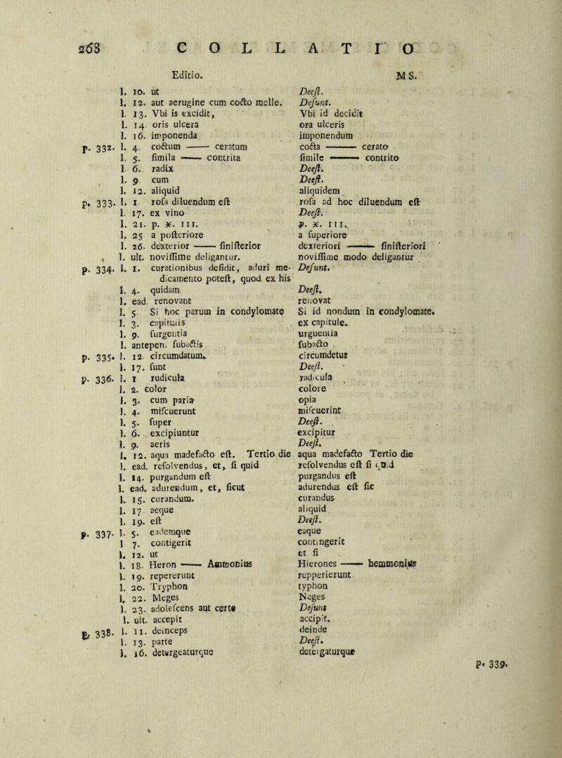 Editio. r- 332, i p. 333- % P- 334- ] 1 ] 1 1 V■ 335* 1 1 p. 33<S- 1 1 j ' 1 ■ 1 1 ] 1 ] p. 337- 1 i ] 1 1 1 ] t' 338- MS. . 10. ut Deejl. . 12. aut aerugine cum cofto meile. Dcjunt. . 13. Vbi is excidit. Vbi id decidit . 14. oris ulcera ora ulceris . 16. imponenda imponendum 4 coftum ceratum cofta cerato . 5. fimila contrita fimilc contrito 6. radix Deejl. . 9 cum Deejl. . 12. aliquid aliquidem . 1 rofa diluendum eft rofa ad hoc diluendum efl 17. ex vino Deejl. . 21. p. x. 111. f. X. III. . 25 a poftcriore a fuperiore . 26. detoterior finifterior dexreriori — finifteriori ult. novifilme deligantur. noviflime modo deligantur , 1. curationibus defidit, aduri me- De/unt. dicamento poteft, quod ex his i. 4. quidam Deejl. . ead. renovant renovat .5 Si hoc parum in condylomate Si id nondum In condylomate . 3. cnpituus ex capitule. 1. 9. (urgentia urguentia 1. antepen. fubaftls fuba&o . 12 circumdatum. circumdetur . 17. funt Deejl. . 1 rudicula radicula . 2. color colore 1. 3. cum paria opia 1. 4. mifcuerunt nrifcuerint 1. 5. fuper Deejl. (. 6. excipiuntur excipitur . 9. aeris Deejl. . r2. aqua madefa&o eft. Tertio die aqua madefaflo Tertio die . ead. refolvendus, et, fi quid refolvendus eft fi i.O.d . 14. purgandum eft purgandus eft . eadt adurendum, et, ficut adurendus eft fic . 15. curandum. curandus . 17 aeque aliquid l. 19. eft Deejl. . 5. eademque euque i 7. contigerit contingerit . 12. ut et fi . 18. Heron Ammonius Hierones — bemmoniss . 19. repererunt repperierunt . 20. Tryphon typhon . 22. Meges Neges 1. 23. adolefcens aut certe Defunt 1. ult. accepit accip.t. 1. 11. deinceps deinde 13. parte Deejl. l. 16. detwrgeaturque deceigaturque P* 339.