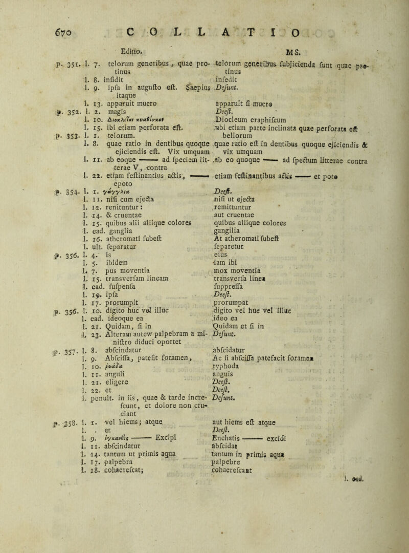 P« 351- ?• 352' P- 353- P- 354- ?■ 356- ?• 356- LP- 357- P- ,353. Editio. JMS. 1. 7. telorum generibus, quae pro- telorum gener ilrus fubjicienda funt quae pr«- tinus tinus 1. 8. infidit infedit 1. 9. ipfa in augufto eft. Saepius Definit. itaque 1. 13. apparuit mucro apparuit C mucro . 1. 2. magis Deeft. 1. IO. A/axAei«* xvccOitnctt Diocleum eraphifcum 1. 15. ibi etiam perforata eft. .ubi etiam parte inclinata quae perforata eft I. 1. telorum. bellorum 1. 8. quae ratio in dentibus quoque quae ratio eft in dentibus quoque ejiciendis <5c ejiciendis eft. Vix umquam vix umquam 1. 11. ab eoque ad fpeciem lit- .ab eo quoque —— ad fpedtum litterae contra terae V, contra 1. 22. etrgm feftinantius a&is, ■ etiam feftinantibus a&is et pot® epoto 1. I. yiyy^tcc Deeft. 1. ir. nifi cum ejecta nifi ut ejefta 1. 12. renituntur: remittuntur 1. 14. & cruentae aut cruentae i. 15. quibus alii aliique colores quibus aliique colores 1. ead. ganglia gangilia 1. 16. atheromati fubeft At atheromati fubeft 1. ult. feparatur feparetur 1. 4. is eius 1. 5. ibidem •iam ibi 1. 7. pus moventia mox moventia 1. 15. transverfam lineam transverfa linea 1. ead. fufpenfa fuppreffa 1. 19. ipfa Deeft. 1. 17. prorumpit prorumpat 1. 10. digito huc val illuc digito vel hue vel illuc 1. ead. ideoque ea ,'ideo ea I. 21. Quidam, li in Quidam et fi in 1, 23. Alteram autew palpebram a mi- Dcfunt. niftro diduci oportet . 1. 8. abfeindatur abfeidatur 1. 9. Abfeiffaj patefit foramen. Ac fi abfeifla patefacit foramen 1. IO. pvaifoc ryphoda 1. 11. anguli anguis 1. 21. eligere Deeft. 1. 22. et Deeft. i. penult. in iis, quae & tarde incre- Defunt. fcunt, et dolore non .cui- ciant 1. 1. vel hierns; atque aut hiems eft atque 1. . et Deeft. 1. 9. tyxiti&tt — Excipi Enchatis excidi 1. 11. ab-fein datur abfeidat 1. 14. tantum ut primis aqua tantum in primis aqua 1. 17. palpebra palpebre i. 18. cohaerefcat; cohaerefcaHt 1. &scL