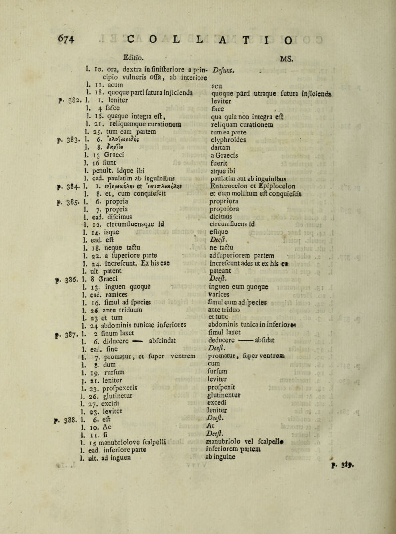 Editio. • MS. 1. io. ora, dextra in finifteriore a prin- Defunt. cipio vulneris offa, ab interiore . ii. acum 1. 18. quoque parti futura injicienda p. 382. 1. 1. leniter 1. 4 fafce 1. 16. quaque integra eft, 1. 21. reiiquamque curationem 1. 25. tum eam partem p. 383. 1. 6. 'elvlptetdii 1. 8. fxpfoi 1. 13 Graeci 1. 16 fiunt 1. penult. idque ibi 1. ead. paulatim ab inguinibus p. 384. 1. I. et 1. 8. et, cum conquiefcit p. 385. 1. 6. propria ]. 7. propria 1. ead. difcimus 1. 12. circumfluensque id I. 14. isque 1. ead. eft 1. 18. neque tadlu l. 22. a fuperiore parte I. 24. increfcunt. Ex his eae 1. ult. patent p. 386. 1. 8 Graeci 1. 13. inguen quoque I. ead. ramices I. 16. fimul ad fpecies 1. 26. ante triduum i. 23 et tum 1. 24 abdominis tunicae iuferiores p. 387. 1. 2 finum laxet 1. 6. diducere — abfcindat 1. ead. fine 1. 7. promatur, et fuper ventrem 1. 8. dum ]. 19. rurfum j. 21. leniter 1. 23. profpexerit 1. 26. glutinetur 1. 27. excidi 1. 23. leviter p. 388. 1. 6. eft 1. 10. Ac 1. 11. fi 1. 15 manubriolove fcalpelli 1. ead. inferiore parte 1. ult. ad inguen acu quoque parti utraque futura injicienda leviter face , qua quia non integra cfi: reliquam curationem tum ea parte elyphroides dartam a Graecis fuerit atque ibi paulatim aut ab inguinibus Enterocelon et Epiplocelon et eum mollitum eft conquiefcia propriora propriora dicimus circumfluens id eftque Deeft. ne taftu adfuperiorem partem increfcunt ades ut ex his ea pateant Deejl. inguen eum quoque varices fimul eum ad fpecies ante triduo et tunc abdominis tunica in inferiores fimul laxet deducere abfidat Deeft. promatur, fuper ventrem cum furfum leviter profpexit glutinentur excedi leniter Deeft. At Deeft. manubriolo vel fcalpell* inferiorem partem ab inguine j r 31*.