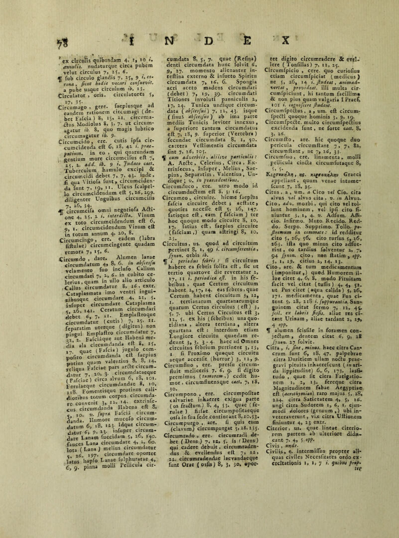 y ex circulis quibusdam 4, i» *° emnulis. midaturque circa pubem velut circulus 7, 25, tf. *[ fub circulo glandis 7, 25, 9 '• ■ ronfl , fient hodie vocari confuevtt. a pube usque circulum ib. 13. Circulator , oris, circulatores 5, 17. H- . . , Circumago , gere, faepiusque ad eandem rationem circumagi (de- bet Fafcia ) 8, 15, n. circuma- ftus Modiolus 8, 3. 7- ut circum- agatur ib. 8. quo magis lubrico circumagatur ib. 9- Circumcido, ere. cutis ipia cir- cumcidenda elt 6, iS, 42. t. prae- putium. in eo, qui quarundam 1. Pentium more circumcifus elt 7, 25, 1. add. ib. 9 *• Judaeo caet. Tuberculum hamulo excipi & circumcidi debet 7» 7» 43* inde, fi qua Vitiofa funt, circumciden- da funt 7, 19, 11. Ulcus fcalpel- lo circumcidendum elt 5» 2-99* diligenter Unguibus circumciiis 7, 26, 34- . . r *4T circumcifa omni negotiola Acti- one 4, 25, 2- i. interdibla. Vinum ex toto circumcidendum elt 6, 9, 1. circumcidendum Vinum elt in totum annum 4, 10, 8. Circumcingo, ere. eadem (labra filtulae) circumcingente quadam remora 7, 15, 6. Circumdo , dare. Alumen lanae circumdatum 4» 8.> 6: ‘n aWesJ vclsnicnto Tuo lnclulo v_allum circumdari 7. f; in cubito ce- lerius, quam in ullo alio articulo , Callus circumdatur 8, 16 , extr. Cataplasmata imo ventri ingui- ni busqu e circumdare 4. »1» i* infuper circumdare Cataplasma , 16 141. Ceratum circumdari debet 6, 7, 11. . Emplaltroque circumdatur (cutis) 7/ 25’ ll- feparatim uterque (digitus) non pingui Emplaltro circumdatur 7. -2, 2. Fafciaque aut Habena me- dia ala circumdanda elt 8, 15, 17. quae (Fafcia) jugulo com- pofito circumdanda elt faepius potius quam valentius 8, 8. 14. reliqua Fafciae pars ar£tecircum- datur 7. 3- circitmdataeque (Fafciae) circa alvum 6, 18, ioi. Ferulaeque circumdandae 8, 10, 118. Fomentisque protinus cali- dioribus totum corpus circumda- re convenit 3* J1> '4- extr]nfe- cus circumdanda Habena efl S, c 10. v. fiupra Falcia circum- danda. Humore mucofo circum- datum 6, .8, 113; c!rcum- datur 9. V3- infuper circum- dare Lanam fuccidam 5, iO, 140. fauces Lana circumdare 4, 2., 60. lota ( Lana ) melius circumdatur i<J 197. circumdare oportet latus 'hapfo Lanae fulguratae 4, ^ 9. pinna molli 1 elhcula cir- cumdata 8, 5, 7. quae (Refina) denti circumdata hunc folvit 6, 5, 27. momento alienantur in- tellina externo & infueto Spiritu circumdata 7, 16, C. Spongia acri aceto madens circumdari (debet) 7, 19, 39. circumdati Titiones involuti panniculis 2, 17, 24. Tunica undique circum- data ( ab fies fui) 7, 12, 43. isque ( finu$ abfces/us) ab ima parce mediis Tunicis leviter innexus, a fiiperiore tantum circumdatus elt 7, 18, 9. fuperior (Vertebra) fecundae circumdata 8, 1, 50. caetera Yeitimentis circumdata lint 7, 26, 105. 0^ Cum adverbiis, dliisve pari i cui i t: A. Ar£le , Celerius, Circa, Ex- trinfecus, Infuper, Melius, Sae- pius, Separatim , Valentius, Un- dique J v. in praecedentibus. Circumduco , ere. utro modo id circumduftum elt 8, 3: 16. Circumeo , circuire. hieme faepitis fafcia circuire debet ; aeitate, quoties neceile elt 5, 26, 147. fatisque elt , eam ( fafeiam ) ter hoc quoque modo circuire 8, 10, 17. fatius elt, faepius circuire (fafciaai,) quam altringi 8, 10, 23. Circuitus, 11 s. quod ad circuitum pertinet 8, 1, 49 i. circumferentia, fynon. orbis ib. i periodus febris : fi circuitum habere ea febris folita elt, fic ut tertio quartove die revertatur 2, 17, 11 i. periodica e/i. in his fe- bribus , quae Certum circuitum habent 2, 17, 14. eas febres , quae Certum habent circuitum 3, 12, j. tertianarum quartanarumque quarum Certus circuitus (elt) 3, 5, 7. ubi Certus Circuitus elt 3, 12, 3. ex his (febribus) una quo- tidiana , altera tertiana , altera quartana elt : interdum etiam Longiore circuitu quaedam re- deunt 3, 3. 3 - 4- haec ad Omnes circuitus febrium pertinent 3,13, r fi Proximo queque circuitu aeque accesfit (horror) 3, 12, 9. Circumfluo , ere. presfu circum- fluit meliceris 7. 6, 9. fi digito premimus (tumorem,) cedit hu- mor. circumfluensque caet. 7, 18, 3°. . - Circumpono , ere. circumpofitae calvariae inhaeret exigua parte (os fra£tum) 8, 4, 53- 8'lae (fe- rulae ) fisfae circumpofitaeque osfa in fua fede contineant 8,10,33. Circumpurgo , are. fi quis euin (clavum) circumpurgat 5,28,233. Circumrado , ere. circumradi de- bet ( Dens ) 7. i2> 5. is ( Dens ) qui cadere debuit, circumraden- dus & evellendus elt 7, 12, 22. circumradendae laevandaeque funt Orae (osfis) 8, 3, 50. opor- tet digito circumradere Sc eveS» Iere ( Tonfillas) 7, 12, 25. Circumfpicio , cere. quo curiolius etiam circumfpiciat (medicus) ne 5, 26, 14 1. Jludeat, animad- vertat , provideat, illi multa cir- cumfpiciunt , hi tantum facillima & non plus quam vulgaria I Praef. IOI cognofccre /ludent. Circumfpedus , a , um. elt circum- fpedi quoque hominis 3, 9, 19. Circumfpeae, multo circumfpeftius excidenda funt, ne forte caet. 8, 3, 16 Circumito, are. hic quoque duo pericula circumltanr 7, 7, 82. circumflant, ne 7, 26, 33. Circumfuo , ere. linamenta , molli pellicula cinda circumfutaque 8, U T- , Ki^ToxnM, »$. xtgrtscqXw Graecs appellanc, quum venae intume- fcunt 7, 18, 35. Citus, a, um. a Cieo vel Cio. cita alvus vel alvus cita , v. in Alvus. Cito, adv. morbi, qui cito vel tol- lunt hominem , vel ipfi cita fi- niuntur^ 3, 1, 4. v. Adfum. Affi- cio. Infirmo. Muto. Recido. Red- do. Serpo. Supprimo. Tollo. />•- Jlremum in commate: id redditur cito 5, 26, 56. cito turfus 5, 16, 265. ilta quo minus cito adfue- rint , eo tardius folventur 1, 7, 94 fynon. cito, non flatim , opp. 3, 1, 19. citius 2, 14, 13. Cito , are. & tum medicamentum (imponitur,) quod Humorem il- lite citet 4, 6, 8. modo Pituitam facit vel citat (tuflis) 4,4, 52. ut Pus cicet (aqua calida) 3, 16, 171. medicamenta, quae Pus ci- tent 3, 28, 218 i. fuppurantia. Sin- guinem citat fermo 7, 12, 45. Jcil. ex labris fisfis. aliae res ci- tant Urinam , aliae tardant 2, ij, 4 °pp. alumen fcisfile in foramen con- jedum , dentem citat 6, 9, 2S fynon. 27 folvit. Citra , i. fine , minies, haec citra Can- crum funt 6, 18, 47. palpebrae citra Duritiem ullam nodu prae- gravi pituita inhaerefeunt (in ari- da lippitudine) 6, 6, 173. lasfi» tudo , quae fit citra Fatigatio- nem 1, 2, 13. fereque citra Magnitudinem fabae Aegyptiae ch (acrothymien) raro majus 5, 28, 224. citra Satietatem 4, 5, 16. ungi citra Sudorem 1, 6, 1. ejus- modi dolores (genuum ,) ubi in- veteraverunt , vix citra Ultionem finiuntur 4, 23 extr. Citerior, us. quae lineae citerio- rem partem ab ulteriore didu- cant 7, 4, 5 opp. Civis , ur.de. Civiljs, e. intermifiiis propter ali- quas civiles Necesfitates ordo ex- ercitationis I, I» 7 i. quibus frop. Ut