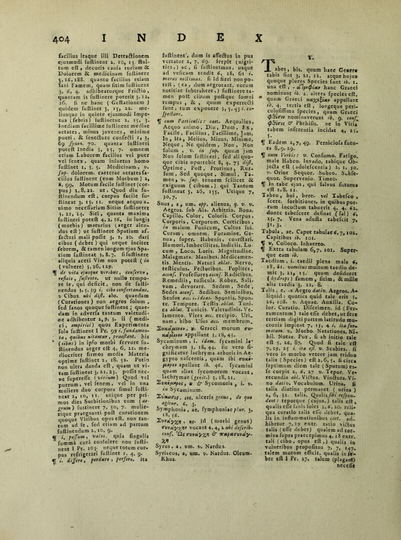 facilius itaque illi Detradionem ejusmodi fuftinent 2, to, 13. Itui- tum elt , decoris caufa rurfum & Dolorem Sc medicinam fuitinere 5,26,288. quanto facilius etiam fani Famem, quam fuira fuitinenc 3, 6, 4. adhibeaturque Fridio, quantam is fuitinere poterit 3,12, 16. ii ne hanc ( Geitationem ) quidem fuitinet 3, 15, 22. me- liusque in quiete ejusmodi Impe- tus (febris) luliinetuc 2, 13, 3. 1 nediam facillime iuitinenc mediae aetates, minus juvenes, minime pueri. & feneduce confedi 1, 3, 69 fynon. 70. quanta fttitineri poteit inedia 3, 23, 7. omnem criam Laborem facilius vel puer vel fenex, quam rniuetus homo fuitinet i, 3, 3. Medicinam, v. fup- dolorem, caeterae aeraresfa- cilitis fuitinent (eum Motbum) 2, 8, 99. Motum facile fuitinet (cor- pus) 2,8,22. ut, Quod diu fu- itinendum eft, corpus facile fu- itineat 3, 15, 11. neque aequo a. rimo necerfariam Sitim fuitincret 3, 21, '14. Siti, quanta maxima fuitineri poteit 4, 2, 56. iu longis (morbis) maturius (aeger alen- dus e it) ut fuitinere Spatium af- feduri mali poilit 3, 2, 10. dari cibus ( debet ) qui neque incitet febrem, & tamen longum ejus Spa- tium fuftineat 3,8,7. fi fuitinere aliquis aceti Vim non poteit ( in (vulnere) 5,26,129. de vita ejusque viribus , conferve , reficio, fufiento. ut nullo tempo- re is, qui deficit, non fit fulti- nendus 3,5,39 *’• cibo confortandus, v Cibus, ubi difi. alo. quaedam (Curationes) non aegros folum , fed fanos quoque fuitinent ; quae- dam in adverfa tantum valetudi- ne adhibentur 1,9, 3- ii ( medi- ci, empirici) quos Experimenta fola fuitinent I Pr. 99 i.fundamen- ta, ejuibus nitantur, praejiant, his * (cibus) in ipfo morbi fervore fu- itinendus aeger eit 4, 6, 21. me- diocriter firmos media Materia optime fuitinet 2, 18. 52. Potio non ultra danda eit, quam ut vi- tam fuitineat 3, 21, 23. poifit nec- ne fupereife ( virium) Quod vel puerum , vel fenem , vel in una muliere duo corpora fimul fuiti- neat 2, io, 11. utique per pri- mos dies Sorbitionibus eum (ae- grum) fustinere 7, 30, 7. mulie- rique praegnanti poit curationem quoque Viribus opus eit, non tan- tum ad fe , fed etiam ad partum fuitinendum 2,10, 9. tr pojfum, valeo, quia lingulis fumma curii contulere tiou fuiti- nent 1 Pr. i°3- neque totum cor. pus refrigerari fuitinet 1. 4, 9. i. differo, perduro , perfero, ita iuftinent’, dura is affedus in pus vertatur 1, 7, 69. ferpit (nigti- ties,) ac, fi fuitinuimus, usque ad veficam tendit 6, 18, 61 i. moras netltmus. fi Id fieri non po- teit , ( ea , dum aegrotant, eorum notitiae fubtrahere,) fuitinere ta- men poit cibum poltquc fomr.i tempus , & , quum experredi funt, tum exponere 3, 5,43 i. ex- fpe clare. cum Particulis.' caet. Aequalius, Aequo animo, Diu, Dum, Ex, Facile, Facilius, Facillime, Jam, In, ita, Melius, Minus, Minime, Neque , Ne quidem , Non > Non folum , v. in fup. quum jam Non folum fuitineri, fed ali quo- que cibis oportebit 8, 4, 73 difi. Optime, Poit, Protinus, Rur- fum, Sed quoque. Simul, Ta- men, v. fup. tenuem fcilicet & exiguum (cibum,) qui Tantum fuitineat 5, 26, 153, Utique 7, 30,7. Suus, a, um. opp. alienus, <]. v. v. Aegros, fub Ala. Arbitrio. Bona. Capillo. Color, Coloris. Corpus, Corporis, Corporum. Corticibus, in malum Punicum, Cultus fui. Curam , omnem. Foramine. Ge- nua , fuper. Habenis, coarftari. Humori. Imbecillicas. Indiciis. Lo- cum , Loco. Loris. Magnitudine. Malagmata. Manibus. Medicamen- tis. Mentis. Natura ablat. Nervo, tefliculus. Pedoribus. Poplites, accuf. Profeiforesaccuf. Radicibus. Remediis, tuflicula. Robur. Sali, vam , devorare. Sedem , Sede , Sedes accuf. Sedibus. Seminibus. Senfus acc. i. ideas. Spontis, Spon- te. Tempore. Teftis .ablat. Tuni- ca ablat. Tunicis. Valetudinis. Ve- lamento. Vires acc. recipio. Uri. nam, bibo Ufus acc. membrum. 'Zvxa.patror, a- Graeci morum e-ta- xdputor appellant 3,18,45. Sycaminum , i. idem, fycamini la' chrymam 3, 18,44. fic vero fi* gnificatur lachryma arboris in.Ae- gypto nafcentis , quam ibi trvxi- ftopor apellant ib. 48. fycamini quam alias fycomorum vocant, lachrymae (genit.) 5,18,21. St>Kopcopoi, v & Sycomoris , i. v. in Sycaminum. Stmatri;, io;, ulceris genus , de quo agitur. 6, 3. Symphonia, ac. fymphoniaeplur. 3, 18,}6. Tvroiy^tj , jjy. id (morbi genus) tsvrciyy/sr vocant 4, 4, i ubi deferib. conf. 'Q.( avrety^K & •xotptttsvtUy- X» Syrus, a, um. v. Nardus. Syriacus, a, um. v. Nardus. Oleum. Rhus. __ T. J. abes, bis. quum haec Gener* tabis fint 3, 22, 12. atque hujus quoque plores Species funt ib. 1. una eit , - dlpotpiccr hanc Graeci nominant ib. 2. altera fpecies eit,  quam Graeci uccxi^ttov appellant 10. 4. tertia eit, longeque peri- culofiffima fpecies, quam Ctaeci tpSltrtr nominaverunt ib. 9. eonfm ipBitrts V Phthifis. ne in Vitia* tabem inferentia incidat 4, 25, f. H Eadem 2,7,49. Perniciofa futu- ra 8,9, 29. IT cum Verbis: v. Confumo. Fatigo, male Habeo. Invado, tabique Ob- jedta eit (adolefcentia ) 2, 1, J0. v. Orior Sequor. Subeo. Subfe- quor. Supervenio. Timeo. 1f In tabe ejus, qui falvus futurus eit 2,8, 11. Tabeo, bui , bere. vel Tabefco , fcere. forbitiones, in quibus por- rum incodum tabuerit 4, 4, 61. donec tabefcere delinat .( fal) 6, 13, 7, Vena adulta tabefcit 7, 3'. 3- Tabula, ac. Caput tabulae 6,7,102, Capitibus ib. 101. H v, Colloco. Inhaereo. IT Extra tabulam 6,7, 101. Super- que eam ib. Taedium , i. taedii plena mala t, 18,81. vomitus multum taedio de- mic 3, 21, 15. quum defiderec (hydrops) famem, fitim, & mille alia taedia 3, 21, 8. Talis, e. .v Aegro dativ. Aegros, A* liquid: quoties quid tale erit 5, 26, 108. v. Aquae. Auxilia. Co« lor. Curatio. Difcrimen. id (Fer- ramentum) tale elTe debet, ut fere tertiam digiti partem latitudo mu- cronis impleat 7, 15, 4 i. ita for» matum, v. Morbo. Natationes. Ni- hil. Notae. Pus , fi ab initio tale eit 5, 26, 87. Quod fi tale eit 7,29, 25 i. ita efi v. Scabies, fi vero in morbo vetere jam triduo talis (Species) eit 2, 6, 5. fi circa feptimum diem tale (Sputum) es. fe coepit 2, 6, 17. v. Tepor. Ve- recundia abi. Vidus. Vindura. Vi- no dativ. Vocabulum. Urina, fi talis diutius permanet ( urina ) 2, 6, 31. talis, Qiialisyii» refpon- dent: teporque (cujus,) talis eit, qualis e fle lanis folet 3,6,20. reli- qua curatio talis eife debet, qua- lis in inflammationibus caet. ad- hibetur 7,29 extr. ratio vidus talis (efle debet) qualem ad tor- mina fupra praecepimus 4, 18 extr. tali (cibo, opus eft,) qualis in vulneribus propolitus 7, 7, 147. talem motum efficit, qualis in f«'« bte eft I Pr, 27. talem (plaganl) tiecelfe