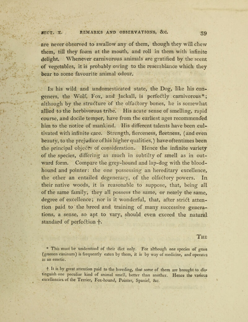 are never observed to swallow any of them, though they will chew them, tili they foam at the mouth, and roll in them with infinite delight. Whenever carnivorous animals are gratified by the scent of vegetables, it is probably owing to the resemblance which they bear to some favourite animal odour. In his wild and undomesticated state, the Dog, like his con- geners, the Wolf, Fox, and Jackall, is perfe<5tly carnivorous*; although by the stru6ture of the olfaclory bones, he is somewhat allied to the herbivorous tribe. His acute sense of smelling, rapid course, and docile temper, have from the earliest ages recommended him to the notice of mankind. His different talents have been cul- tivated with infinite care. Strength, fierceness, fleetness, (and even beauty, to the prejudice of his higher qualities,) have oftentimes been the principal t)bje6i*s of consideration. Hence the infinite variety of the species, differing as much in subtilty of smell as in out- ward form. Compare the grey-hound and lap-dog with the blood- hoünd and pointer: the one possessing an hereditary excellence, the other an entailed degeneracy, of the olfa6fory powers. In. their native woods, it is reasonable to suppose, that, being all of the same family, they all possess the same, or nearly the same, degree of excellence; nor is it wonderful, that, after stri6l atten- tion paid to the breed and training of many successive genera- tions, a sense, so apt to vary, should even exceed the natural Standard of perfedfion The * This must be understood of their diet only. For although one species of grass (gramen caninum) is frequently eaten by them, it is by way of medicine, and operates as an emetic. f It is by great attention paid to the breeding, that some of them are brought to dis* tinguish one peculiar kind of animal smell, better than another. Hence the various excellencies. of the Terrier, Fox-hound, Pointer, Spaniel, &c.