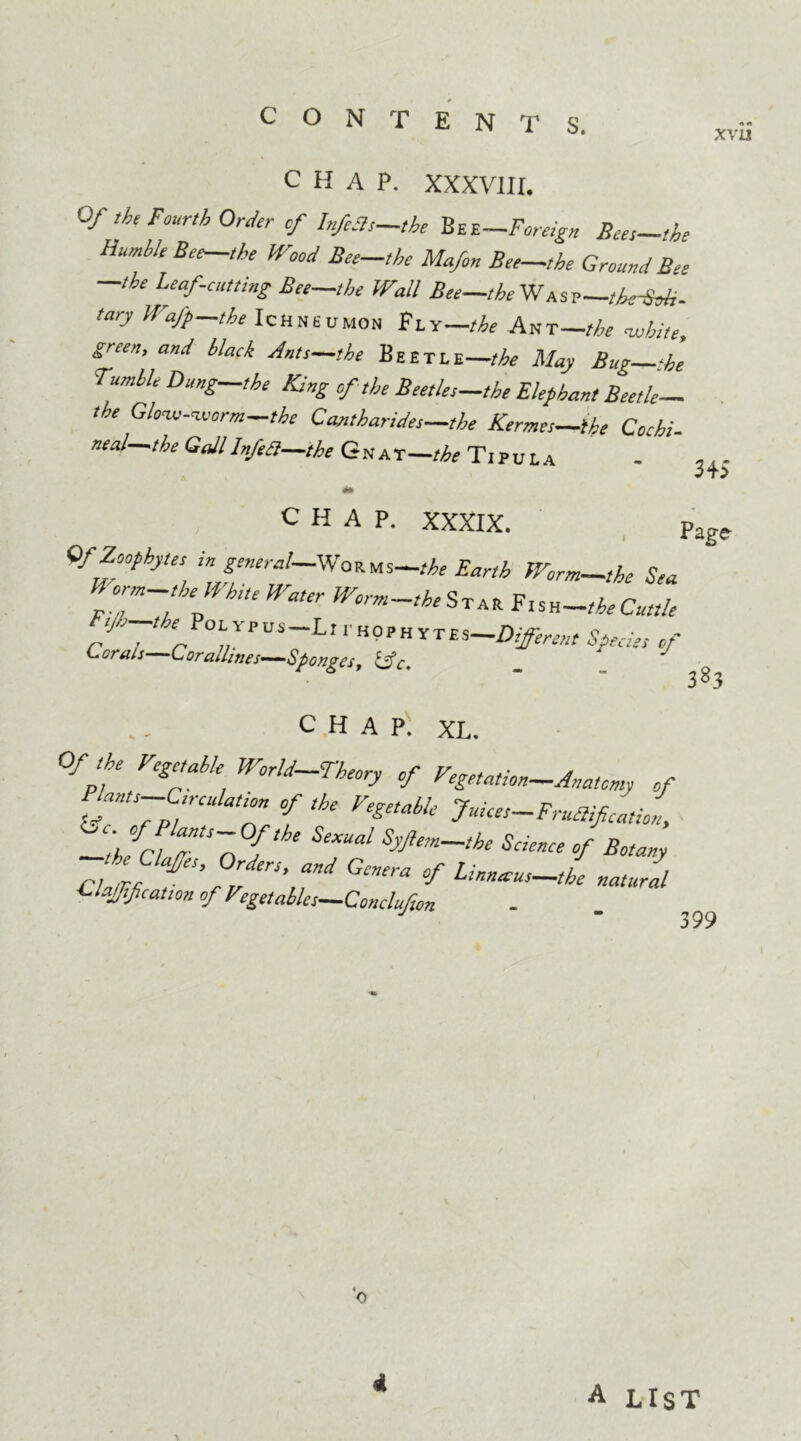 xvu chap. XXXVIII. Of th, Fourth Order of Infells-,be Bee—Foreign Bets—the Humble Bee the Wood Bee-the Mafon Bee-the Ground Bee —the Leaf-cutting Bee-the Wail Bee—the IV a s v—theBoU- tary Wafp—the Ichneumon Fly—the Ant—the white green, and black Ants-the Beetle -the May Bug—he Tumble Dung-the King of the Beetles-the Elephant Beetle- the Glow-worm the Cantharides—the Kermes—the Cochi- neal—the Gall Inf ell—the Gnat —the Tipula CHAP. XXXIX. , Page Of Zoophytes in general—ok Ms—the Earth Worm-,he Sea Worm the White Water Worm-,he Star Fnn-the Cuttle f . ' °!;YPUS-Ln'ttPrH*TEs-Different Species of C orals CoradiSponges, &c* 3 3 chap. XL. Of,he Kegctable World-Theory of Vegetation-Anatomy of Sc 1Z? nr f ‘he '«*“«' 7^-Frullif cation, ]JC/ {l J‘ Sml Syflem—the Science of Botany ctm fS’?v \T ^ °f Li^~‘he natural ^ lajjification of Vegetables—Conclufion J “ 399 i A LIST