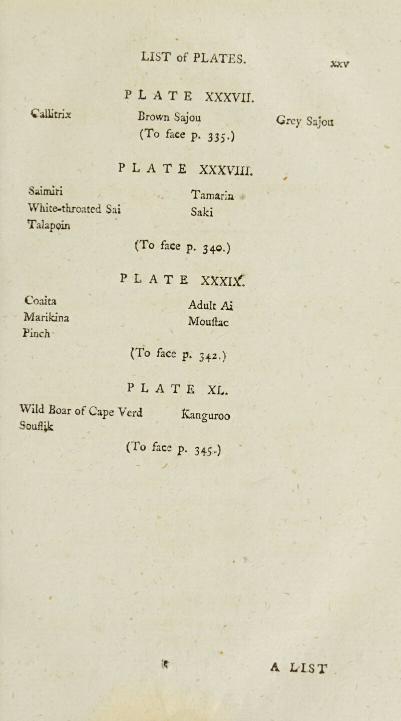 XXV PLATE XXXVII. Brown Sajou (To face p. 335.) PLATE XXXVIII. Tamarin White-throated Sai Saki Talapoin (To face p. 340.) plate xxxl£ Coaita Marikina Pinch Adult Ai Mouftac (To face p. 342.) Cailitrix Saimiri PLATE XL. Wild Boar of Cape Verd Kangaroo Souflik (To face p. 345.) ;?• Grey Sajou * » A LIST