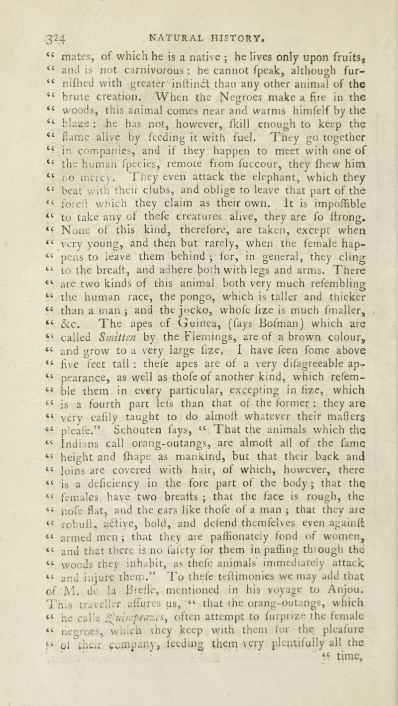 44 mates, of which he is a native ; he lives only upon fruitsa 44 and is not carnivorous : he cannot fpeak, although fur- 44 nifhed with greater inlfindt than any other animal of the 44 brute creation. When the Negroes make a fire in the ' C* 44 woods, this animal comes near and warms himfelf by the 44 blaze : he has not, however, /kill enough to keep the 44 flame alive by feeding it with fuel. They go together 44 in companies, and if they happen to meet with one of 46 the human fpecies, remote fiom fuccour, they fhew him 44 no mercy. They even attack the elephant, which they 44 beat with their clubs, and oblige to leave that part of the 44 foreft which they claim as their own. It is impoflible 44 to take any of thefe creatures alive, they are fo ftrong. 44 None of this, kind, therefore, are taken, except when 44 very young, and then but rarely, when the female hap- 44 pens to leave them behind ; for, in general, they cling 44 to the brealt, and adhere jboth with legs and arms. There 44 are two kinds of this animal both very much refembling “ the human race, the pongo, which is taller and thicker 44 than a man; and the jocko, whole fize is much fmaller, 44 &c. The apes of Guinea, (fays Bofman) which are 44 called Smitten by the Flemings, are of a brown colour, 44 and grow to a very large fize, I have feen fome above 44 five feet tall : thele apes are of a very difagreeable ap- 44 pearance, as well as thofe of another kind, which refem- 44 ble them in every particular, excepting in lize, which 44 is a fourth part lei's than that of the former : they are 44 very eafily taught to do almofl whatever their mailers “ pi cafe.” Schouten fays, 44 That the animals which the 44 Indians call orang-outangs, are almoft all of the fame 44 height and fhape as mankind, but that their back and 44 loins are covered with hair, of which, however, there “ is a deficiency in the fore part of the body; that the 44 females have two breatts ; that the face is rough, the 44 nofe flat, and the ears like thofe of a man ; that they are 44 robufl, adlive, bold, and defend themfelves even againft 44 armed men ; that they are pailionateiy fond of women, 44 and that there is no fafety for them in palling tluough the 44 woods they inhabit, as thefe animals immediately attack 44 and injure them.” To thefe tefljmonies we may add that of M. do la JBrefTe, mentioned in his voyage to Anjou. This traveller allures us, 44 that the orang-outangs, which 44 he calls ^uimpeazes, often attempt to furprize the female 44 negroes, which they keep with them for the plealure 44 company, feeding them very plentifully all the 44 time.