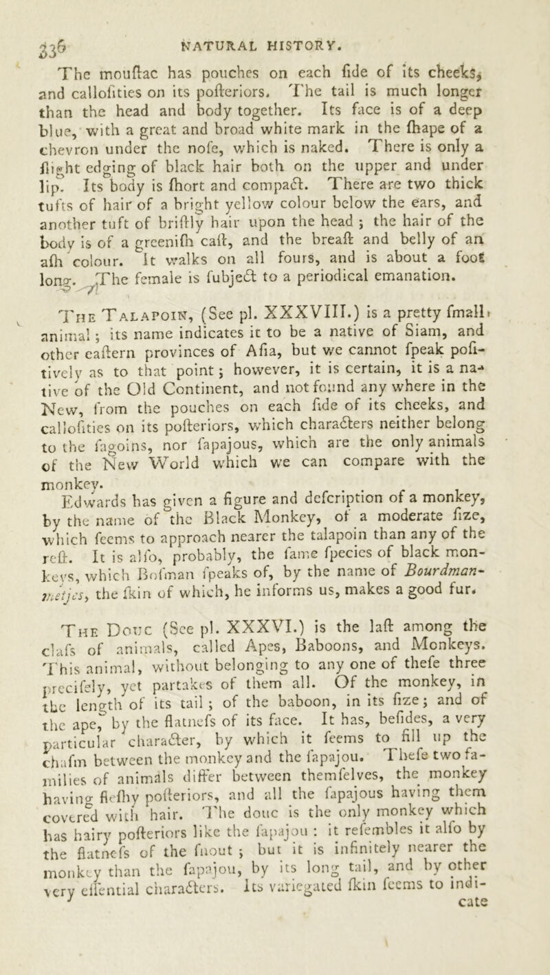 S36 The moudac has pouches on each fide of its cheeks* and calloiities on its poderiors. The tail is much longer than the head and body together. Its face is of a deep blue, with a great and broad white mark in the fhape of a chevron under the nofe, which is naked. There is only a flight edging of black hair both on the upper and under lip? Its body is Ihort and compact. There are two thick tufts of hair of a bright yellow colour below the ears, and another tuft of brifrly hair upon the head ; the hair of the body is of a greenifh call, and the bread and belly of an alh colour, it walks on all fours, and is about a foo£ lonrr. The female is fubjed to a periodical emanation. ^ '77 The Talapoin, (See pi. XXXVIII.) is a pretty fmall. animal; its name indicates it to be a native of Siam, and other eadern provinces of Afia, but v/e cannot fpeak pofi- tivelv as to that point ; however, it is certain, it is a na-* live of the Old Continent, and not found any where in the New, from the pouches on each fide of its cheeks, and callofities on its poderiors, which charaders neither belong to the laooms, nor lapajous, whicn aie the only animals of the New World which we can compare with the monkey. . . Edwards has given a figure and dcfcription of a monkey, by the name of the Black Monkey, ot a moderate fize, which feems to approach nearer the talapoin than any of the red. It is alfo, probably, the fame fpecies of black mon- keys, which Bofinan fpeaks of, by the name of Bourdman- tnetjes, the fkin of which, he informs us, makes a good fur* The Douc (See pi. XXXVI.) is the lad among the clafs of animals, called Apes, Baboons, and Monkeys. This animal, without belonging to any one of thefe three precifely, yet partakes of them all. Of the monkey, in the length of its tail; of the baboon, in its fize; and of the ape, by the flatnefs of its face. It has, befides, a very particular charader, by which it feems to fill up the chafm between the monkey and the fapajou. Thefe two fa- milies of animals differ between themfelves, the monkey having flefliy poderiors, and all the lapajous having them covered with hair. The douc is the only monkey which has hairy poderiors like the fapajou : it relembles it alio by the fiatnefs of the fnout ; but it is infinitely nearer the monkey than the fapajou, by its long tail, and by other verv effential charaders. Its variegated fktn feems to mdi- 1 cate