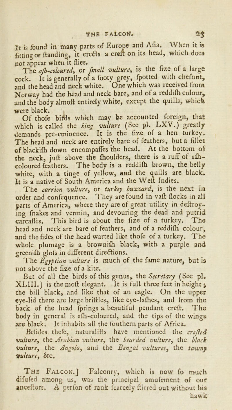 THE FAl€ON. 2$ It is found in many parts of Europe and Afia. When it is fitting or ftanding, it ereds a creft on its head, which does not appear when it flies. The ajh-coloured, or [mall vulture^ is the fize of a large cock. It is generally or a footy grey, fpotted with chefnat, and the head and neck white. One which was received from Norway had the head and neck bare, and of a reddifh colour, and the body almoft entirely white, except the quills, which were black. Of thofe birds which may be accounted foreign, that which is called the king vulture (See pi. EXV.) greatly demands pre-eminence. It is the fize of a hen turkey. The head and neck are entirely bare of feathers, but a fillet of blackifh down encompaffes the head. At the bottom of the neck, juft above the fhoulders, there is a ruff of afh- coloured feathers. The body is a reddifh brown, the belly white, with a tinge of yellow, and the quills are black. It is a native of South America and the Weft Indies. The carrion vulture, or turkey buzzard, is the next in order and confequence. They are found in vaft flocks in all parts of America, where they are of great utility in deftroy- ing fnakes and vermin, and devouring the dead and putrid carcafies. This bird is about the fize of a turkey. The head and neck are bare of feathers, and of a reddifh colour, and thefides of the head warted like thofe of a turkey. The whole plumage is a brownifh black, with a purple and greenifh glofs in different directions. The Egyptian vulture is much of the fame nature, but is not above the fize of a kite. But of all the birds of this genus, the Secretary (See pi, XL1II.) is themoft elegant. It is full three feet in height ; the bill black, and like that of an eagle. On the upper eye-lid there are large briftles, like eye-lafhes, and from the back of the head fprings a beautiful pendant creft. The body in general is afh-coloured, and the tips of the wings are black. It inhabits all the fouthern parts of Africa. Befides thefe, naturalifts have mentioned the crefled vulture, the Arabian vulture, the bearded vulture, the black vulture, the Angola, and the Bengal vultures, the tawny vulture, &c. The Falcon.] Falconry, which is now fo much difufed among us, was the principal amufement of our anceftors. A perfon of rank lcarcely flirred out without his hawk