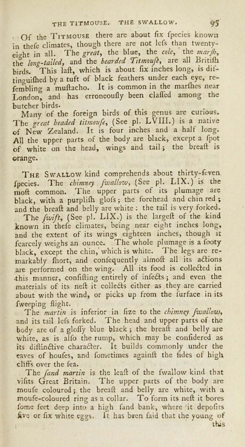 Of the Titmouse there are about fix fpecies known in thefe climates, though there are not lefs than twenty- eight in all. The great, the blue, the cole, the marjk, the long-tailed, and the bearded Titmouft, are all Britifli birds. This lad, which is about fix inches long, is dif- tin^uifhed by a tuft of black feathers under each eye, re- fernbling a mudacho. It is common in the marfhes near London-, and has erroneoufly been clafled among the butcher birds. Many of the foreign birds of this genus are curious. The great headed titmoufe, (See pi. LVIII.) is a native of New Zealand. It is four inches and a half long. All the upper parts of the body are black, except a fpot of white on the head, wings and tail ; the bread is orange. The SwalIow kind comprehends about thirty-feven fpecies. The chimney fwallozv, (See pi. LIX.) is the moft common. The upper parts of its plumage are black, with a purplifh glofs; the forehead and chin red ; and the breaft and belly are white : the tail is very forked. The fwifu (See pi. LIX.) is the larged of the kind known in thefe climates, being near eight inches long, and the extent of its wings eighteen inches, though it fcarcely weighs an ounce. The whole plumage is a footy black, except the chin,' which is white. The legs are re- markably fnort, and confequently almod all its actions are performed on the wing. All its food is colle&ed in •this manner, confiding entirely of infers ; and even the materials of its ned it collects either as they are carried about with the wind, or picks up from the lurface in its fweeping flight. The martin is inferior in dze to the chimney jwallow, and its tail lefs forked. The head and upper parts of the body are of a glofly blue black; the bread and belly are white, as is alfo the rump, which may be confidered as its didinftive chara&er. It builds commonly under the eaves of houfes, and fometimes againd the lides of high cliffs over the fea. The fand martin is the lead of the fwallow kind that vifits Great Britain. The upper parts of the body are moufe coloured; the bread and belly are white, with a moufe-coloured ring as a collar. To form its ned it bores fome feet deep into a high fand bank, where 'it depodts kve or fix white eggs. It has been faid that the young of