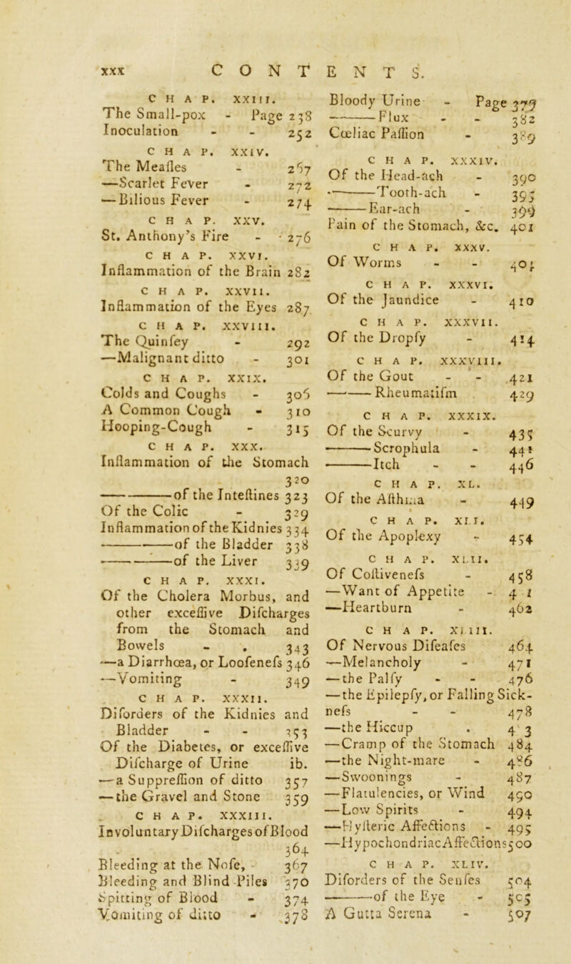 C H A P. XXIII. The Small-pox - Page 2 38 Inoculation - - 252 CHAP. XXIV. The Mealies - 2S7 —Scarlet Fever - 272 — Bilious Fever - 2/4 chap. xxv. St. Anthony's Fire - -'276 CHAP. XXVI. Inflammation of the Brain 282 CHAP. XXVII. Inflammation of the Eyes 287 CHAP. XXVIII. The Quin fey - 292 —Malignant ditto - 301 CHAP. XXIX. Colds and Coughs - 30S A Common Cough - 310 Hooping-Cough - 315 CHAP. XXX. Inflammation of the Stomach 32° of the Inteftines 323 Of the Colic - 329 Inflammation of the Kidnies 334 of the Bladder 338 of the Liver 3.9 CHAP. XXXI. Of the Cholera Morbus, and other exceflive Difcharges from the Stomach and Bowels - . 343 —a Diarrhoea, or Loofenefs 346 —Vomiting - 349 CHAP. XXXII. Diforders of the Kidnies and Bladder - - 733 Of the Diabetes, or exceflive Difcharge of Urine ib. — a Supprellion of ditto 337 — the Gravel and Stone 359 CHAP. XXXIII. In voluntary Dilcharges of Blood - . 36+ Bleeding at the Nofc, 367 Bleeding and Blind Piles 370 Spitting of Blood - 374 Vomiting of ditto - 378 Bloody Urine Flux Cceliac Palfion Page 377 3 82 3-9 CHAP. XXXIV. Of the Ilead-ach Tooth-ach Ear-ach Pain of the Stomach, &c. c H A p. xxxv. Of Worms 39° 39; 3 99 401 W CHAP. XXXVI. Of the Jaundice - 410 CHAP. XXXVII. Of the Dropfy - 414 CHAP. XXXVIII. Of the Gout - - 421 Rheumatifm 429 CHAP. XXXIX. Of the Scurvy - 435 Scrophula - 44! Itch - - 446 CHAP. XL. Of the AAhma - 4.(9 CHAP. XII. Of the Apoplexy - 434 c H a p. xLII. Of Collivenefs - 458 —Want of Appetite -4 i —Heartburn - 462 c H A p. Xi in. Of Nervous Difeafes 464 —Melancholy - 471 — the Palfy - - 476 — the Epilepfy, or Falling Sick- nefs - - 478 —the Hiccup . 4 3 — Cramp of the Stomach 484 —the Night-mare - 486 — Swoonings - 487 —Flatulencies, or Wind 490 — Low Spirits - 494 —Hyiteric AfFc&ions - 495 —Hypochondriac Afle&ionsj 00 CHAP. XL IV. Diforders of the Senfes 504 ■ of the Eye * 5C5 A Gutta Serena - 507