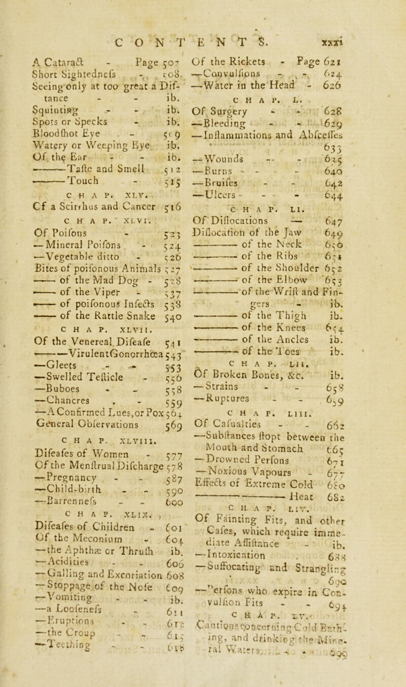 Page 5°7 to8 Dif- ib. ib. ib. 5( 9 ib. ib. S'2 515 A Cataract Short Sightednefs Seeing only at too great a tance Squinting Spots or Specks Bioodlhot Eye Watery or Weeping Eye Of. the Ear ■ -Tailc and Smell Touch CHAP. XLV. Cf a Scirrhus and Cancer 516 C H A P. XL VI. Of Poi fons - 52} — Mineral Poifons - 524 •—Vegetable ditto - 426 Bites of poifonous Animals 427 —■— of the Mad Dog * of the Viper ■ of poifonous Infects 538 —— of the Rattle Snake 540 CHAP. XLVII. Of the Venereal Difeafe $4 1 VirulentGonorrhcea 543 —Gleets - 453 —Swelled Tefticle - 456 —Buboes - _ 448 —Chancres . - 449 —AConfirmed Lues.or Pox 464 General Oblervations 569 CHAP. XL v 111. Difeafes of Women - 477 Cfthe Menflrual Difcharge 478 — Pregnancy - - 487 —Child-birth - - 490 —Barrennefs - - 600 Of the Rickets - Page 621 —Canvulffons - - —Water in the Head - 624 626 CHAP. L. 5 28 r J •O/ Of Surgery - - 628 —Bleeding - - 629 —Inflammations and Abfceffes 633 — Wounds -■ - 635 —Burns - - - 640 —Bruifes - - 64?, —Ulcers - - 644 CHAP. LI. Of Diflocations — 647 Diflocation of the Jaw 649 of the Neck 6;o ■ of the Ribs 6.4» of the Shoulder 642 of the Elbow 643 of the WriA and Fin- gers - ib. of the Thigh ib. of the Knees 644 of the Ancles ib. of the Toes ib. CHAP. lii. Of Broken Bones, See. ib. — Strains - - 648 —Ruptures - - 6^9 chap, l 111. Of Calualties - - 6bz c h A X L IX. Difeafes of Children - foi Of the Meconium - 603. — the Aphtha: cr Thrulh ib. —Acidities - - 606 — Galling and Excoriation 608 — Stoppage of the Nole 609 —Vomiting . . —a Loolenefs - 5, , —Eruptions - _ £r. -the Croup - - 614 —Te tuning 6tb -Subdances flopt between the Mouth and Stomach t6s — Drowned Perfons 671 — Noxious Vapours - 67t Effects of Extreme Cold 6fo Heat 6S2 c u a p. liv. Of Fainting Fits, and other Cales, which require imme- diate Afliftance - ib. —Intoxication . 6^8 Suffocating' and Strangling ■ - 69c erfons who expire in Cor.- vulfioil Fits - - t.j y CHAP. LV.’ Cau tipn s 900 cer ni ng C 0 Id Bath 1 ing, and drinking the Mine. ra‘ ^ a - - r s. - ,7 ^
