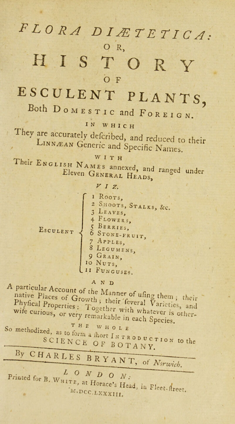 FLORA D IJE T E TI C A or, H I S T O R Y ' O F esculent plants, Both DoMisTicand Foreign. ? / I N W H I C H They are accurately defcribed, and reduced to their Linn^ean Generic and Specific Names f w I T H E N G L *£ ievenAQe n eraT'heads^ y i z. C 1 Roots, 2 JHOOTS> Stalks, &c. 3 Leaves, 4 Flowers, 5 Ferries, Esculent v o * T 6 Stone-fruit, 7 Apples, SLegumens, 9 Grain, io Nuts, L t i Funguses. Phyfical Properties : Together ^ anetjes> and ** “ «»- So methodized as to f H.E 11 0 L E —-YFYYYYbotanv.t 1 °-v t0the Printed for B. W„^Tr° fY ° /v’ • ‘m.dcc t.xxxm ' “* F,eet-^''