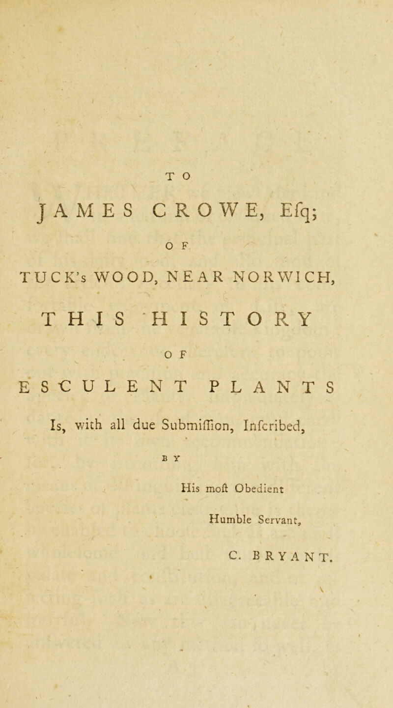 ) T O JAMES CROWE, Efq; O F TUCK’s WOOD, NEAR NORWICH, THIS HISTORY i O F v ESCULENT PLANTS Is, with all due Submiflion, Infcribed, B Y His moft Obedient Humble Servant, C. BRYANT. V