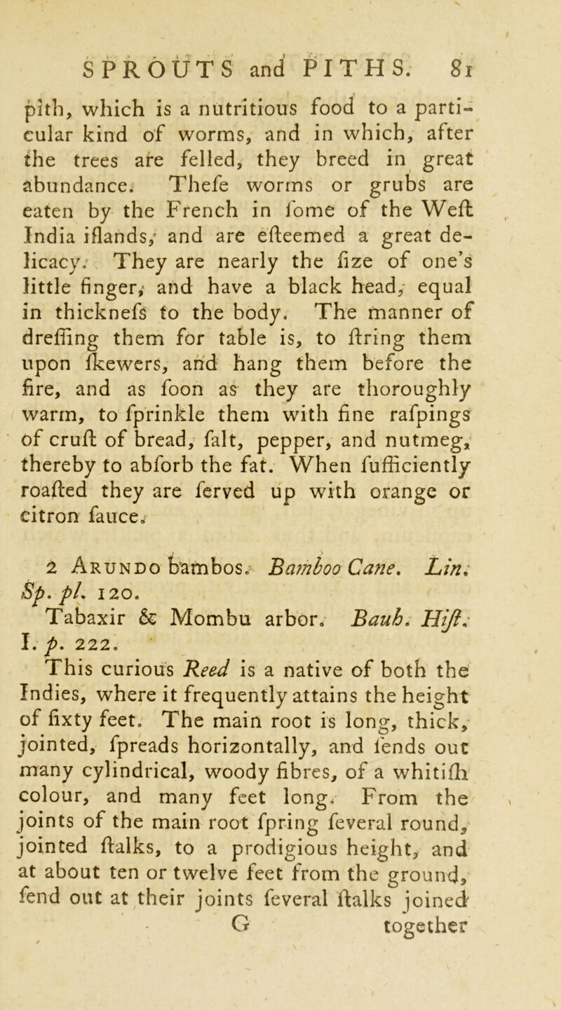 pith, which is a nutritious food to a parti- cular kind of worms, and in which, after the trees are felled, they breed in great abundance. Thefe worms or grubs are eaten by the French in fome of the Weft India iflands^ and are efteemed a great de- licacy. They are nearly the fize of one’s little finger,- and have a black head, equal in thicknefs fo the body. The manner of drefiing them for table is, to firing them upon fkewers, and hang them before the fire, and as foon as they are thoroughly warm, to fprinkle them with fine rafpings of crufl of bread, fait, pepper, and nutmeg, thereby to abforb the fat. When fufficiently roafled they are ferved up with orange or citron fauce. 2 Arundo frambos. Bcunboo Cane. Lin; Sp. pL 120. Tabaxir & Mombu arbor. Bauh. Hiji, I. p. 222. This curious Reed is a native of both the Indies, where it frequently attains the height of fixty feet. The main root is long, thick, jointed, fpreads horizontally, and fends out many cylindrical, woody fibres, of a whitifli colour, and many feet long. From the joints of the main root fpring feveral round, jointed ftalks, to a prodigious height, and at about ten or twelve feet from the ground, fend out at their joints feveral llalks joined G together
