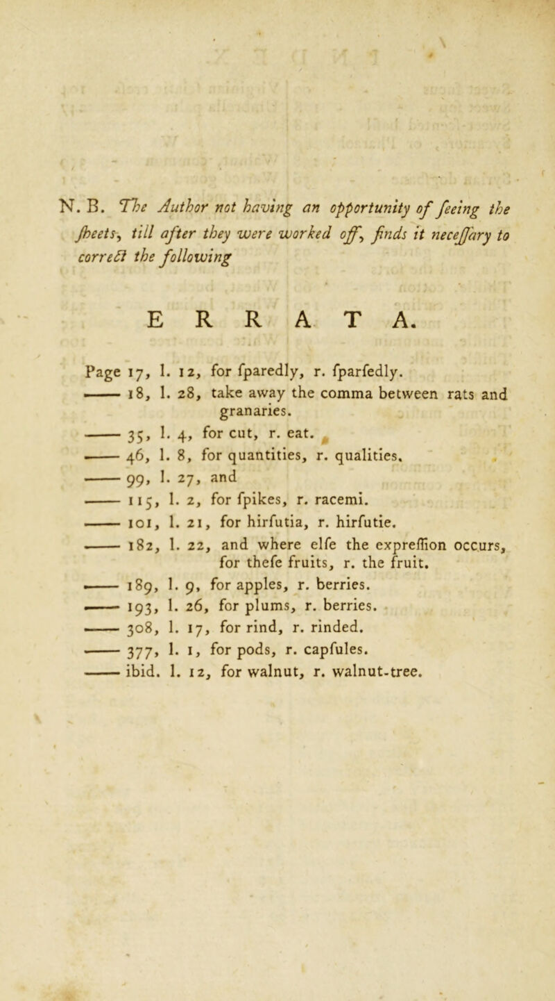 Jheets, till after they were worked off,\ finds it neceff'ary to correct the following ERRATA. - i . 11 * ' * ' Page 17, 1. 12, for fparedly, r. fparfedly. 18, 1. 28, take away the comma between rats and granaries. 35, 1. 4, for cut, r. eat. . 46, 1. 8, for quantities, r. qualities. 99, 1. 27, and 115, 1. 2, for fpikes, r. racemi. 101, 1. 21, for hirfutia, r. hirfutie. . 182, 1. 22, and where elfe the exprefllon occurs, for thefe fruits, r. the fruit. -— 189, 1. 9, for apples, r. berries. —■ - 193, 1. 26, for plums, r. berries. 308, 1. 17, for rind, r. rinded. 377, 1. 1, for pods, r. capfules. ibid. 1. 12, for walnut, r. walnut-tree.