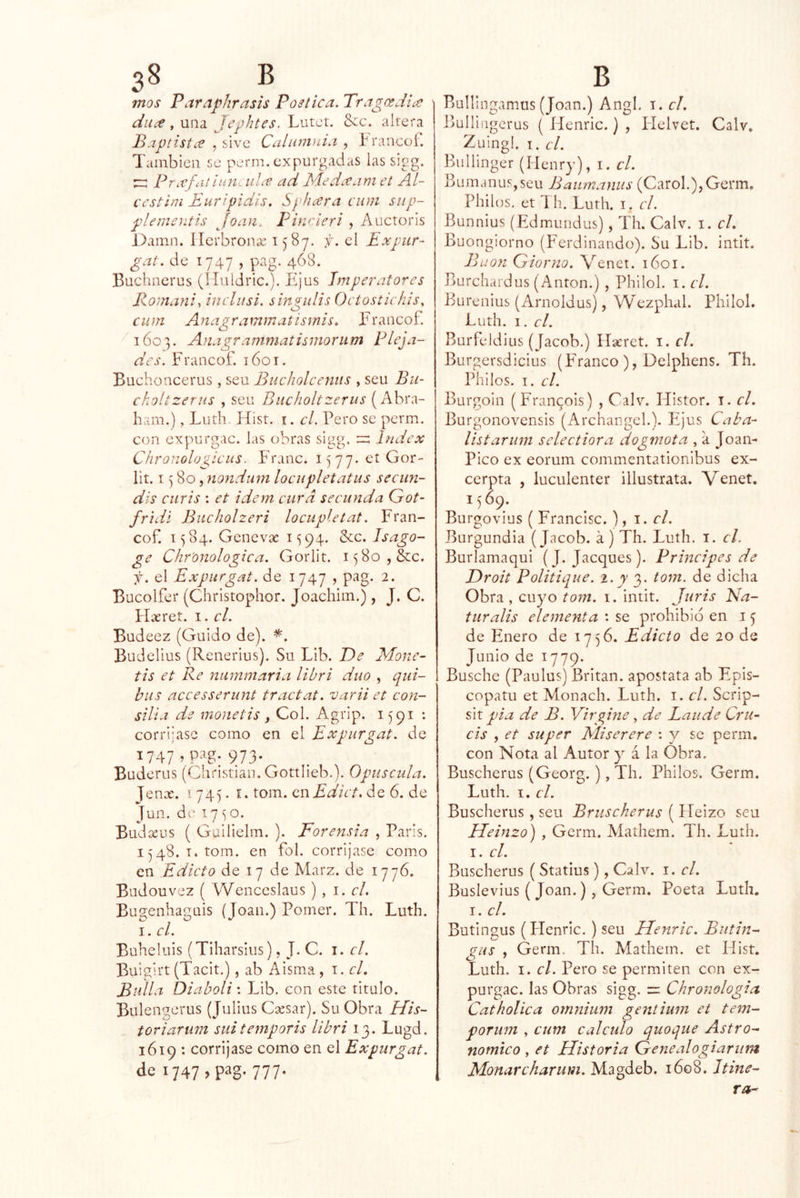 mos Paraphrasis Poética. TragcediíC ' duít, una Jephtes. Lutct. &:c. alrera Bapiistce ^úvQ. Calumnia., trancoí. También se perm. expurgadas las sigg. ^ Pnefutiunailc-e ad Medccam et Al- i'cstim Euripidis. Spheera cum siip- plernentis Joan. Pinderi , Aucroris Damn. llcrbronse f. el Expair- gat. de 1747 , pag. 468. Buchnerus (líuldric.). ítjus Jmperatores Romani, iiiclitsi. singulis Octostichis, cum Anagrammatismis. Francof. 1603. Anagrammatismorum Pleja- des. Francof. 1601. Buchoncerus, seu Bucholcenus , seu Bii- ckoltzerus , seu Biicholtzerus (Abra- ham.), Ludí. Jíist. i. el. Pero se perm. con exy>urgac. las obras sigg. Index Chroiiologícus. Franc. i)77* et Gor- lit. I) 80, nondum locupletatus secun- dis ciiris : et ídem cura secunda Got- fridi Biicholzeri lociipletat. Fran- cof. 1584. Genevíe 1594. &c. Isago- ge Chr'onologica. Gorlit. i5 8o,&;c. f. el Expiirgat. de 1747 , pag. 2. Bucolfer (Christophor. Joachim.), J. C. Hasret. i. el. Budeez (Guido de). Budelius (Renerius). Su Lib. P>e Mone- tis et Re ntimmaria libri dúo , qiii- biis accesserunt tractat. varii et con- silia de monetis ^ Col. Agrip. 1591 : corríjase como en el Expurgat. de 1747, pag. 973. Buderus (Christian. Gottiieb.). Opuscida. Jen.x. í74)- I. tom. en de 6. de Jun. de 17 <5 o. BudíEus ( Guilielm. ). Forensia , París. 1548. T.tom. en fol. corríjase como en Edicto de 17 de Marz. de 1776. Budouvez ( Wenceslaus ) , 1. el. Bugenhaguis (Joan.) Pomer. Th. Luth. I. el. Buhe luis (Tiharsius), J. C. i. el. Buigirt (Tacit.), ab Aisma, \.cl. Bulla Diaboli: Lib. con este titulo. Bulengcrus (Julius Csesar). Su Obra His- toriarum suitemporis libri 13. Lugd. 1619 : corríjase como en el Expurgat. de 1747, pag. 777. Buu; ngamus (Joan.) Angl. i. cl. BuIIiiigerus ( Henric.) , Plelvet. Calv, Zuing!. I. cl. BiiHinger (Henry), i. cl. BumanuSjSeu Baumanus (CaroL),Germ. Pililos, et Th. Luth. i. cl. Bunnius (Edmundus), Th. Calv. i. cl. Buongiorno (Ferdinando). Su Lib. intit. Buon Giorno. Venct. 1601. Burchai'dus (Antón.), Philol. i. cl. Burenius (Arnoldus), Wezphal. Philol. Luth. I. cl. Burfeldius (Jacob.) Haerct. i. cl. Burgcrsdicius (P'ranco ), Delphens. Th. Pililos. I. cl. Burgoin (Fran^ois) , Calv. Histor. i. cl. Burgonovensis (ArchangeL). Ejus Caba- listar uní selectiora dogmota , a Joan- Pico ex eorum commentationibus ex- cerpta , luculenter illustrata. Venet. 15 69. Burgovius ( Francisc. ), \ . cl. Burgundia (Jacob, á) Th. Luth. i. cl. Burlamaqui (J. jaeques). Principes de Droit Politique. t. y 3. tom. de dicha Obra , cuyo tom. i. intit. Juris Na- turalis elementa : se prohibid en 15 de Enero de 1756. Edicto de 20 de Junio de 1779. Busche (Paulus) Britan. apostata ab Epis- copatu et Monach. Luth. i. cl. Scrip- sit pia de B. Virgine, de Laude Cru- cis , et su per Miserere ; y se perm. con Nota al Autor j á la Obra. Buscherus (Georg. ), Th. Pililos. Germ. Luth. I, cl. Buscherus, seu Bruscherus ( Lfeizo seu Ileinzo) , Germ. Alathem. Th. Luth. I. cl. Buscherus (Statius), Calv. i. cl. Buslevius ( Joan.), Germ. Poeta Luth. I. cl. Butingus (Henric. ) seu Henric. Butin- gus , Germ. Th. Mathem. et Hist. Luth. I. cl. Pero se permiten con ex- purgac. las Obras sigg. =: Chronologia Catholica omnium gentium et tem- porum , cum calculo quoque Astro- nómico , et Historia Genealogiarum Monarcharum. Magdeb. 1608.1 tiñe-