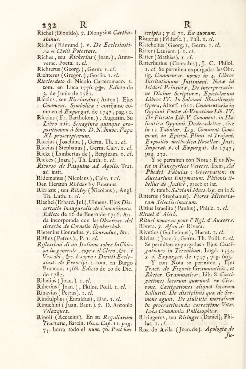 Richel (Dionisio), f» Díonysius Cart/iu^ f sianus. Richer (Edmiind.). De Ecclesiasti- ca et Cimli Pote State, Riclies, seu Rickerius (Joan.), Anno- verac. Poeta, i. cL Richterus (Georg.), Germ. i. el. Richterus (Gregor.), Goriie. i. cL Riccierdeto di Nicolo Carteromaco. 2. tom. en Lúea 1776. Edicto de 3. de Junio de 1781. Riccius, seu Ricciardus ( Antón). Ejus Comment, Symbolica ; corrijanse co- mo en el Expurgat. de 1747 ? pag.50, Riccius (Fr. Bartholom.) , Augustin. Su Libro intit. Sexaginta quinqué pro- positionum a Smo. D. N. Innoc, Papa JCI. proscriptarum. Riccius (Joachim.), Germ. Th. i. el. Riccius (Stephanus), Germ. Calv. i. el. Ricke ( Lambertus de), Bergizam. i. el. Rickes (Joan.), Th. Luth. i. el. Ricorso de Pasquino ad Apollo. Trat. asi intit. Ridemanus ( Nicolaus ), Calv. i el. Den Hersten Ridder by Erasmus. Ridlícus , seu Rildey (Nicolaus) , i^ngl. Th. Luth. I. el. RiecheUErbard. Jul.),Ulmens. Ejus Dis- sertatio inauguralis de Concubinatu. Edicto de 16 de Enero de 1756. An- da incorporada con las Observac. del derecho de Cornelio Bynkershok. Rietenius Conradus. f. Conradus, S:c. Riñius ( Petrus) , P. el. Riflessioni di un Italiano sobre laChie- sa in generale , sopra il Clero , <b^c. i Vescobi, 6’C. b sopra i Diritti Eccle- siast. de Prencipi. i. tom. en Burgo Francon. 1768. Edicto de 20 de Dic. de 1782. Rihelius (Joan.), i. el. Riherlus ( Joan.) , Pkilos. Polil. i. el. Rinavius ( Petrus). i. el. Rindulphus (Enraldus), Dan. i.cl. Rinuchini (Juan. Baut.). f. D. Antonio Velazquez. Ripoli (Aceacius). En su Regaliarum Tractatu1644. Cap. i i.pag. 75. borra todo el num. 'jo. Post hxc scripta ; y el 71. Ex quorum. Risnerus (Frideric.), Phil. i, el. Ristchelius (Georg.), Germ. i. el. Ritter (Laurent.). i. el. Ritter (Mathias). i. el. Ritterhusius (Conradus) , J. C. Philol. i. el Se permiten expurgadas lasObr. sig. Commentar, novus in 4. Libros Institutionum Justiniani. Nota in Isidori Pelusiotce ^ De ínterpretatio’* ne Divina Scriptura ^ Epistolarum Libros IV. In Salviani Massiliensis Operay Altorf. 1611. Comment aria in Oppiani Poeta deVenationeLib. IV. De Piscatu Lib. V. Comment. in Ha- liéutica Oppiani. Dodecadeltos , si ve in 12 Tabular. Leg. Comment. Com- ment. in Epistol. Plinii et Trajani. Expositio methodica Novellar. Just. Imperat. f. el Expurgat. de 1747 , pag. 232. ^ Y se permiten con Nota : Ejus No- ta in Panegyricos Veteres. Item , Ad Phedri Tabulas : Observation. in Auctarium Enigmatum. Philonis li- bellus de Judice , grece et lat. f. tamb. Salviani Mass. Op. en la S. Ritterus (Stephanus). Flores Historia^ rum Selectissimarum. Ritius Israelita (Paulus), Phisic. i. el. Rituel d' Aleth. Rituel nouveau pour V Egl. d'Auxerre. Rivera, f. Afán de Rivera. Rivetius (Guilielmus), Hasret. i. el. Rivius (Joan.), Germ. Th. Polil. i. el. Se permiten expurgadas : Ejus Casti- gationes in Terentium,Lo^d. 1534. f. el Expurgat. de 1747 , pag. 693. Y con Nota se permiten , Ejus Tract. de Figuris Grammaticis , et Rhetor. Grammatica , Lib. 8. Casti- gationes locorum quorund. ex Cice- rone. Castigationes aliquot locorum Sallustii. De disciplinis qua de Ser- mone agunt. De stultitia mortaliiim in procrastinanda correctione Vita. Loca Communia Philosophica. Rixingerus, seu Risinger (Daniel), Pili- los. I. el. Roa de Avila (Joan.de). Apología de