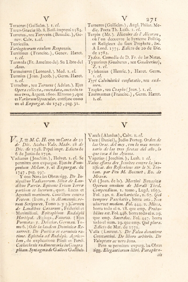 Turacrus (GniHelm.). i. el. Tarco-Grsccise lib. 8. Basil. impressl 1^84, Turretus , seu Tiirretin, (Benedic.) ^ Ge^ nev. Calv. i. cL Turricella. 'Furingicorum exulwn Responsio. Turritinus ( Francisc.) , Genev. Haeret. i. el. Tunneda (Fr. Anselmo de). Sú Libro del Asno. Turmeiserus (Leonard.). Med. i. el. Turmius (Joan. Jacob.), Germ. Haeret. I. el. Turnebüs, seu Turneú's ( Adrián.). Ejus Opera eolleeta, emendata^anctain to- mos tres^ Argent. 1600: El tomo 3 ,que QsVariorumOptdsculor. corrijase como Qn el Expurgat. ¿Q 1747 > Turneriis (Guiliel.m.), i^ngl. Ehiios. Me- die. Poeta Th. Liitli. i. el. Turpin (Mr.). Histoire de /’ Alcora7i, oíi Ton dccouvre le Sytteme Poliiiq. et Religieux du íaux Prophete , &c. A Lond. 1775. Edicto de 20 de Díc. de 1782. Tydea. Comedia de D. F^r. de las Natas. Tyguririus (Gualterus, seu Qnalterkís) ^ Z. I. el. Tylokenius (Etenric.), Hseret. Gcrm. I. el. Typi Calvinistici confuíatio, seu exa- men. Tzapko , seu Ctapko (Joan.), i, el. Tzurmannus(Francisc.) , Germ. Ha:ret. lecl. V V-j. — M. C. H. con 'mCa'rta de 21 de Dic. Acaba: Vale. Madr. 1% de D ic. de 1748. Papel inipr. Edicto 6 de Junio de 1750. X/'^adianus (Joachim.), Helvet. \.cl. Se permiten con expargac. EjusAz Fom~ poníurn Melam. f. el E'xpurgdt. de 1747 ,pag. 597* . Y con Nota las Obras sigg. De In- signibus Vadianoriim. Silvx d.e Lau- dlbus Patricé. Epitome Friura 1 err^ partiuni et locorum qxiúY. Lucas et Aposto!i memiriere. Consilhini contra Pestem. (Item 5 f. iii Alamannic.re- Twríi Scriptoreis^ Tomo 2, y y,)Carmeñ de Laudibus Casarum , Friderici ct Maximiliani. Epitaphimn Rudolphi Herblpól. , Fduslus. (Ejus Poe77iata\ f. Deltciar. Germán. To- mo 6.) Ode in laiidem Dominicre Re- surrect. De Poética et carminis ra- iione. Epístola ad Rodalph. Agrieo~ lam , de explicatione Piinii et Pefsii. Cathechesis rudimentaria inGreogra pliiam. Syntagma de Gallo et Gallhds^ V Vaecli (Álardus), Calv. i; cí. Vaez ( Daniel), Judio Portug. Orden de las Orac. del mes , con lo mas neces- sario de las tres fiestas del año , lo que toca á los Ayunos. X^agetius (Joachim.) , Luth. i el. bVains efiforts des Je suites contre lajus- tificat. des Reflexións siir le N. Tes- tam. par Feu M. Eossueí , Ev. de Meau'x, Val ( Joan, de la). Martini Bonac-in.^ Operura omnium de Morali Theol, Contpendium. 1. tomo, Lugd. 1693-. Fol. 240. i). Eiicharistia n. 67. (jni éempore Paschdtis borra asta , Fon obser'vet modüni. Fol. 444. v. ?éissa, borra todo el 11. 18. que emp. Proba- bilius est. Fol, 446. borra todo el n. 29. ^que emp. Sacérdos. Fol. 447. borra 'todo el num. 29. que emp. Qtiiplura. de Mar. de 177 I. X^alla (Laurent.). De Falsa donatione Constantini. De libero arbitrio. De Voluptate ac vero bono. Pero se permiten expurg. las Obf.as '^igg. Elegantiarum libri. Parapkra- sis