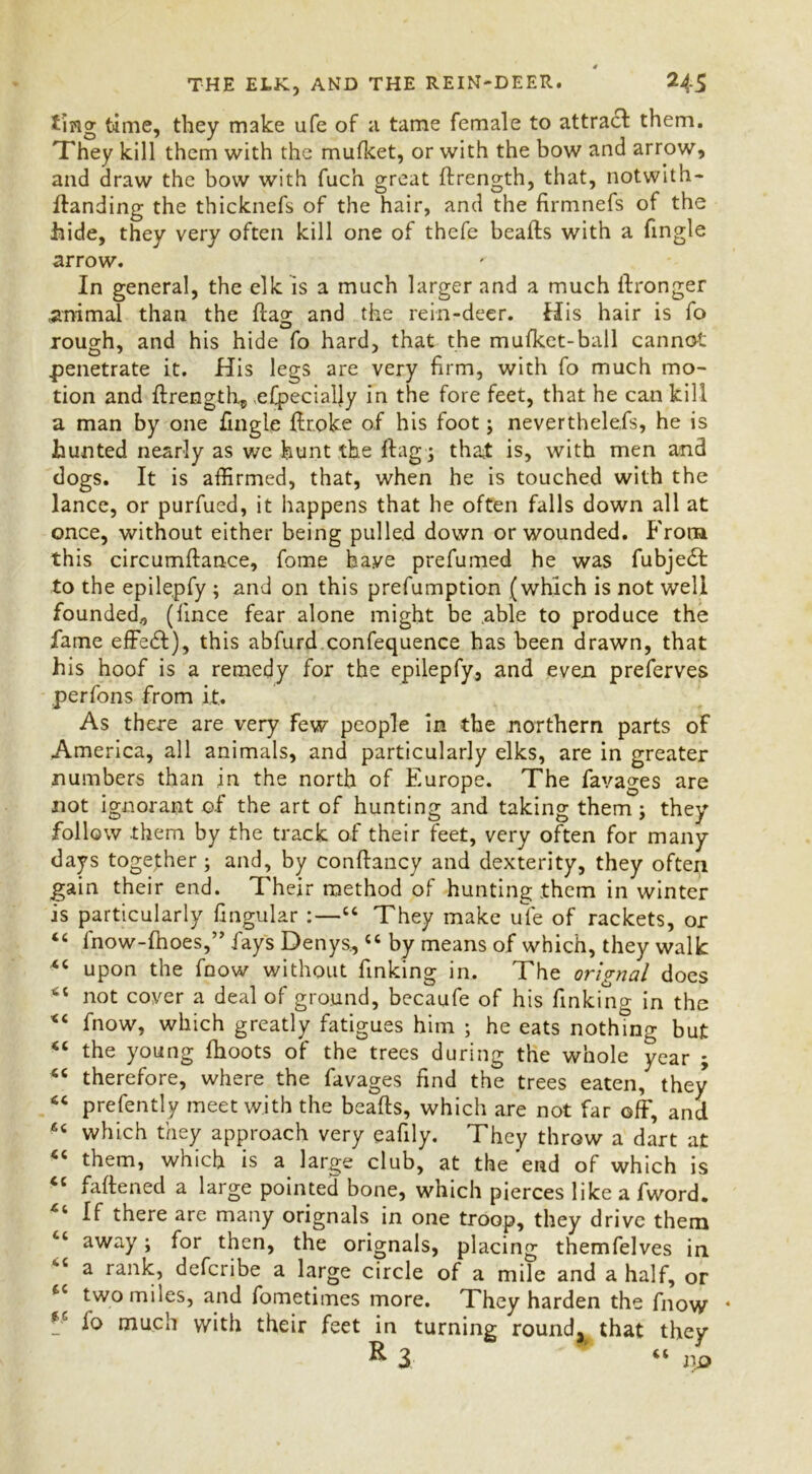 THE ELK, AND THE REIN-DEER. 245 ting time, they make ufe of a tame female to attract them. They kill them with the mulket, or with the bow and arrow, and draw the bow with fuch great ftrength, that, notwith- ttanding the thicknefs of the hair, and the firmnefs of the hide, they very often kill one of thefe beafts with a Tingle arrow. In general, the elk is a much larger and a much ftronger animal than the Hag and the rein-deer. His hair is fo rough, and his hide fo hard, that the mulket-ball cannot penetrate it. His legs are very firm, with fo much mo- tion and ttrength, efpecialjy in the fore feet, that he can kill a man by one ttngle ffr.oke of his foot; neverthelefs, he is hunted nearly as we hunt the flag; that is, with men and dogs. It is affirmed, that, when he is touched with the lance, or purfued, it happens that he often falls down all at once, without either being pulled down or wounded. From this circumftance, fome have prefumed he was fubjedt to the epilepfy ; and on this preemption (which is not well founded* (fince fear alone might be .able to produce the fame effedl), this abfurd confequence has been drawn, that his hoof is a remedy for the epilepfy, and even preferves per Tons from it. As there are very few people in the northern parts of America, all animals, and particularly elks, are in greater numbers than in the north of Europe. The favages are not ignorant of the art of hunting and taking them ; they follow them by the track of their feet, very often for many days together; and, by conffancy and dexterity, they often gain their end. Their method of hunting them in winter is particularly lingular :—“ They make ufe of rackets, or “ fnow-fhoes,” fays Denys., “ by means of which, they walk 4< upon the fnow without finking in. The orignal does 6t not coyer a deal of ground, becaufe of his finking in the “ fnow, which greatly fatigues him ; he eats nothing but “ the young Ihoots of the trees during the whole year ; sc therefore, where the favages find the trees eaten, they 44 prefently meet with the beads, which are not far off, and 46 which they approach very eafily. They throw a dart at “ them, which is a large club, at the'end of which is “ fattened a large pointed bone, which pierces like a fword. 44 If there are many orignals in one troop, they drive them £‘ away; for then, the orignals, placing themfelves in a rank, deferibe a large circle of a mile and a half, or £C two miles, and fometimes more. They harden the fnow * fo much with their feet in turning rounda that they ^ 3 “ no