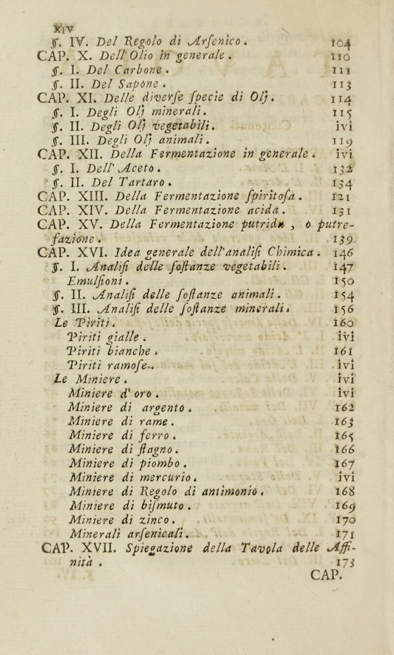 ÎCiV J. IV. T>el Kegolo di ^rfenico. 104 CAP. X. Dell'Olio in generale. iio §, I. Del Carbone* iii §. II. Del Sapone* -113 CAP. XI. Delle diverfe fpecie di Olj. jT. I. Degli 01)^ minerali. 115 '§* II. Degli 01} vegetabili. ivi III* Degli 01} animali, ^ ^ CÀP. XII. Della Fermentazione in generale * ivi §. I. Deir Jlcet0 * 152 ■ jf. II. Del Tartaro*, 154 CAP. XIII. Della Fermentazione fpirìtofa * 121 CAP. XIV. Della Fermentazione acida. 151 CAP. XV. Della Fermentazione putrida , ò putre- fazióne * - V • 159 CAP. XVI. Idea generale deìranalifi Chimica. 146 J. I. tAnalif delle fófianze vegetabili* 147 Fmulfioni. I50 §. II. ^Analìfi delle foftanze animali. 154 '§. III. ^nalìfi delle foftanze minerali » 156 Le Viriti* i6o Viriti gialle. . ivi Viriti bianche* 161 Viriti ramofe*. •.ivi Le Miniere * ivi Miniere dC orò * ivi Miniere di argento * . . 16I Ct Miniere di rame. i6^ Miniere di ferro * 165 Miniere di ftagno. Ì66 Miniere di piombo . i6y Miniere di mercurio* ^ ivi Miniere di Tegolo di antimoniò * 168 Miniere di bifmuto * 165) Miniere di zinco. lyo Minerali arfenicali. . , CAP. XVII. Spiegazione della Tavola delle %Affi- niìa * i7i CAP.