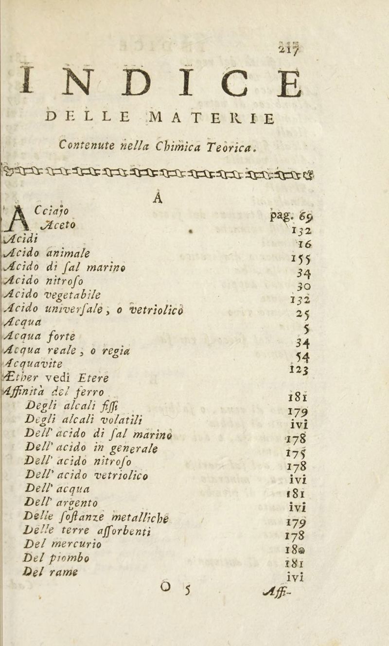 ^ r « 2î7 INDICE DELLE :M A T E K I E Contenute nella Chimica Teorica. àìdàisiSi: A ’ \ Cciajo j\ aceto addi addo (tnimale addo di fai marino Vaddo nitrofo Acido vegetabile Acido umverfalé'y o vetrìolìcè Acqua Acaua forte Acqua reale ^ o regia ' Tcquavite 'Æther vedi Etere Affinità del ferro Degli alcali fijji Degli alcali volatili Dell' acido di fai marino Dell'acido in generale Dell' acido nitrofo Dell' acido vetrioUco Dell' acqua Dell' argento Delle foflanzè metalliche Delle terre ajforbenti Del mercurio Del piombo Del rame O 5 pa^; 152 16 155 ^4 50 152 25 5 M I2S i8i ^79 • m IVI •178 I75 178 • • IVI f 81 ivi U9 178 18® ì8i • #