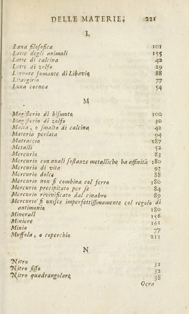 L 1 Lana filofofica TOI Latte degli animali 155 Latte di calcina 42 Lat^e ai zolfo -9 L^'jf'ore fumante diLibavio^ 88 L^^ay airio 0 77 Luna cornea 54 1 M Ma gifler io di bifmuto, 100 Mag ficrio di zolfo 30 Alalia , 0 fmalto di calcina 42 Materia periata 5>4 Matraccio 187 Metalli 5-- Mercurio. 85 Mercurio con anali foflattze metalliche ha affinità. i8o Mercurio di vita Mercurio, dolce Mercurio non fi combina col ferro Mercurio precipitato per fe Mercurio rivivificato dal cinabro n 88 I So 84 85? Mercurio Jt umfce imperfettijfmamente col regolo dì antimonio / Minerali Miniere Minio Muffola, 0 coperchio 180 I 161 77 2H N 'Hitro ^itro fiffo 'N^itro quadrangolare^ Ocra