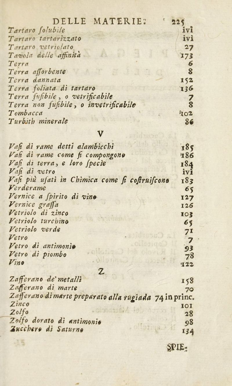 DELLE MATERIE: *TartctYO folubìle Tartaro ìartarìzzato Tartaro Tetrìolato Tavola delle affinità Terra \ Terra a (forbente Terra dannata Terra foliata di tartaro Terra fnfibìle ^ o vetrificabile Terra non fufibile y o invetrificabih Tombacca Turbati) minerale V , IVI ivi ^7 6 8 152 7 8 ^02 86 Vafii di rame detti alambicchi 185 Fafi di rame come fi compongono 'ì86 Vafi di terra ^ e loro fpecie 184 yafi di vetro ivi Fafi più ujatì in Chimica come fi cofiruifeonù 18 j Verderame Vernice a fpirito di vino Vernice graffia Vetriolo di zinco Vetriolo turchino Vetriolo verde Vetro Vetro di antimonio Vetro di piombo Vino ^5 127 126 ^5 71 7 73 ‘Ï22 2 Zaffierano de*metalli Zafferano di marte Zafferano di marte preparato alla rugiada Zinco Zolfo Zolfo dorato di antimonio Zucchero di Saturno 158 70 74inprinc. lOI 28 S>8 1^4