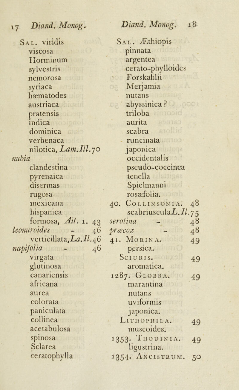 Sal. viridis viscosa Horminum sylvestris nemorosa syriaca haematodes austriaca pratensis indica dominica verbenaca nilotica, Lam. III. 70 nubia clandestina pyrenaica disermas rugosa. mexicana hispanica formosa, Ait. 1. 43 leonuroides - 46 vcrticillataJjLa.//.46 napifolia - 46 virgata glutinosa canariensis africana aurea colorata paniculata collinea acetabulosa spinosa S cl area ceratophylla Sal. /Ethiopis pinnata argentea cerato-pbylloidevS Forskahlii Merjamia nutans abyssinica ? triloba aurita scabra runcinata japonica occidentalis pseudo-coccinea tenella Spiel manni rosaefoiia. 40. Collin son 1 a. 48 scabriusculaL.//. 75 serotina 48 pVtOCOX - 48 41. Morin a. 49 p.ersic a. Sciuris. 49 aromatica. 1287. Globba. 49 marantina nutans uviformis japonica. Lithophila. 49 muscoides. 1353- Thou in 1 a. 49 ligustrina. 1354- A NCISTRUM. 5°