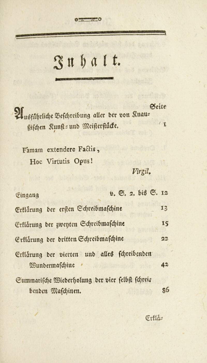 ^efcf)vci(>un9 aller ber ijon ivuau- gtfcl)en Äunjl-uttb ®ctjlerpu(fe» Seite I F'amam extendere FaQis, Hoc Virtutis Opus! Virgih Crflärun^ ber erficn 6cl)rei6mafc^itte . I3 (rrfl&run^ ber jtvepten ©c^reibmafc(){tte iS (rrflSrung ber britten ©cl)reibmafc^tne as Grfl5run() ber i^terten unb alle^ fd^reiSenbett ^^unbermafcl)ttte ^ 4^ ©ummarifcl)e ©ieber^olung ber bter felbjl fc^ret; benben ®iafi^inen* 8^ Gillo:^