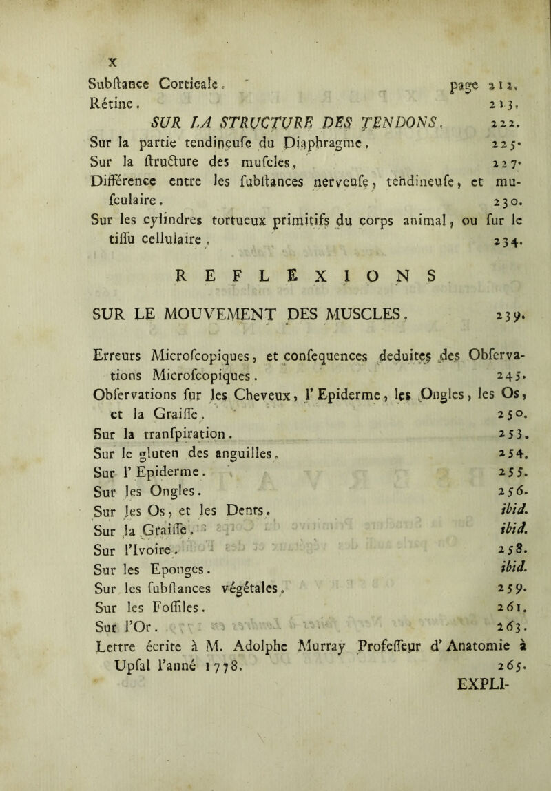 I X Sub fiance Corticale, ' page sii. Rétine. 213, SUR LA STRUCTURE DES TENDONS. 222. Sur la partie tendineufe du Diaphragme, 225* Sur la ftru&ure des mufcìes, 227- Différence entre les fubitances nerveufe, tendineufe, et mu- fculaire. 230. Sur les cylindres tortueux primitifs du corps animal, ou fur le tilîu cellulaire . 234. REFLEXIO NS SUR LE MOUVEMENT DES MUSCLES. 23T Erreurs Microfcopiques, et confequences déduites des Obferva- tions Microfcopiques. 245* Obfervations fur les Cheveux, l’Epiderme, les Ongles, les Os, et la Graiffe . 250. Sur la tranfpiration . 253. Sur le gluten des anguilles, 254. Sur F Epiderme. 255. Sur les Ongles. 256. Sur les Os, et les Dents. ibid. Sur ,1a Graillé , • ibid. Sur l’Ivoire. 258. Sur les Eponges. ibid. Sur les fubftances végétales. 259. Sur les Foffdes. 261. Sur l’Or. 263. Lettre écrite à M. Adolphe Murray Profeffeyr d’Anatomie à Upfal l’anné 1778. 265. EXPLI-