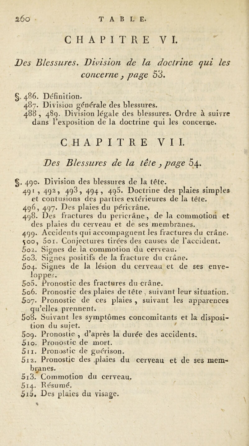CHAPITRE VI. Des Blessures. Division de la doctrine qui les concerne , page 53. §. 486. Définition. 487. Division générale des blessures. 488 , 489. Division légale des blessures. Ordre à suivre dans l’exposition de la doctrine qui les concerne. CHAPITRE VIL Des Blessures de la tête , page 54. 490. Division des blessures de la tête. 49! , 492, 4ç3, 494, 495. Doctrine des plaies simples et contusions des parties extérieures de la tête. 496, 497. Des plaies du péricrâne. 498. Des fractures du pericrâne, de la commotion et des plaies du cerveau et de ses membranes. 499. Accidents qui accompagnent les fractures du crâne. 500. 5oi. Conjectures tirées des causes de l’accident. 502. Signes de la commotion du cerveau. 503. Signes positifs de la fracture du crâne. 504. Signes de la lésion du cerveau et de ses enve- loppes. 505. Pronostic des fractures du crâne. 506. Pronostic des plaies de tête , suivant leur situation. 5oy. Pronostic de ces plaies , suivant les apparences qu’elles prennent. 508. Suivant les symptômes concomitants et la disposi- tion du sujet. 509. Pronostic , d’après la durée des accidents. 510. Pronostic de mort. 511. Pronostic de guérison. 5x2. Pronostic des .plaies du cerveau et de ses mem- branes. 5x3. Commotion du cerveau. 514. Résumé. 515, Des plaies du visage.